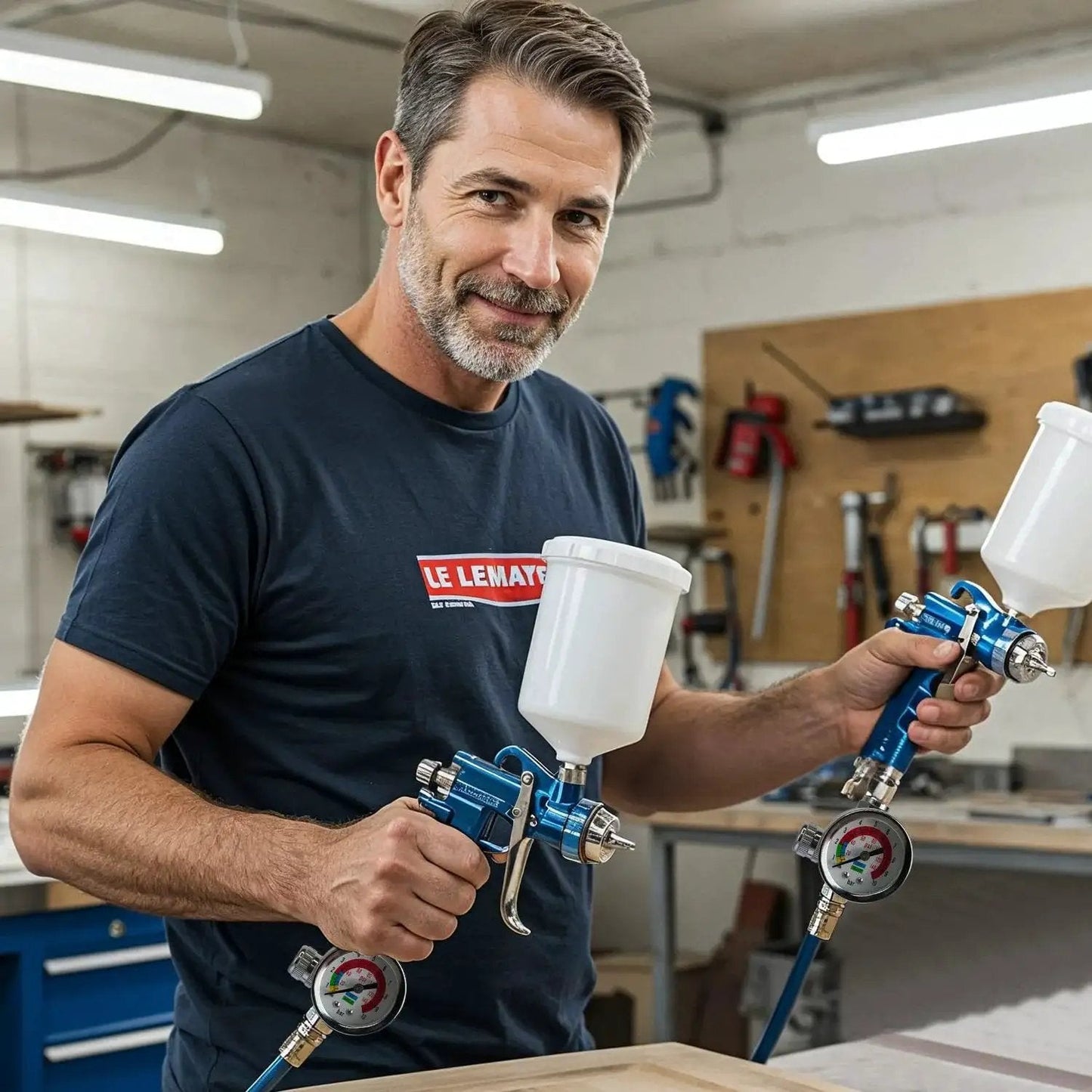 Man using spray guns with inline air regulator and flow control valve, pressure gauge visible, in a workshop setting