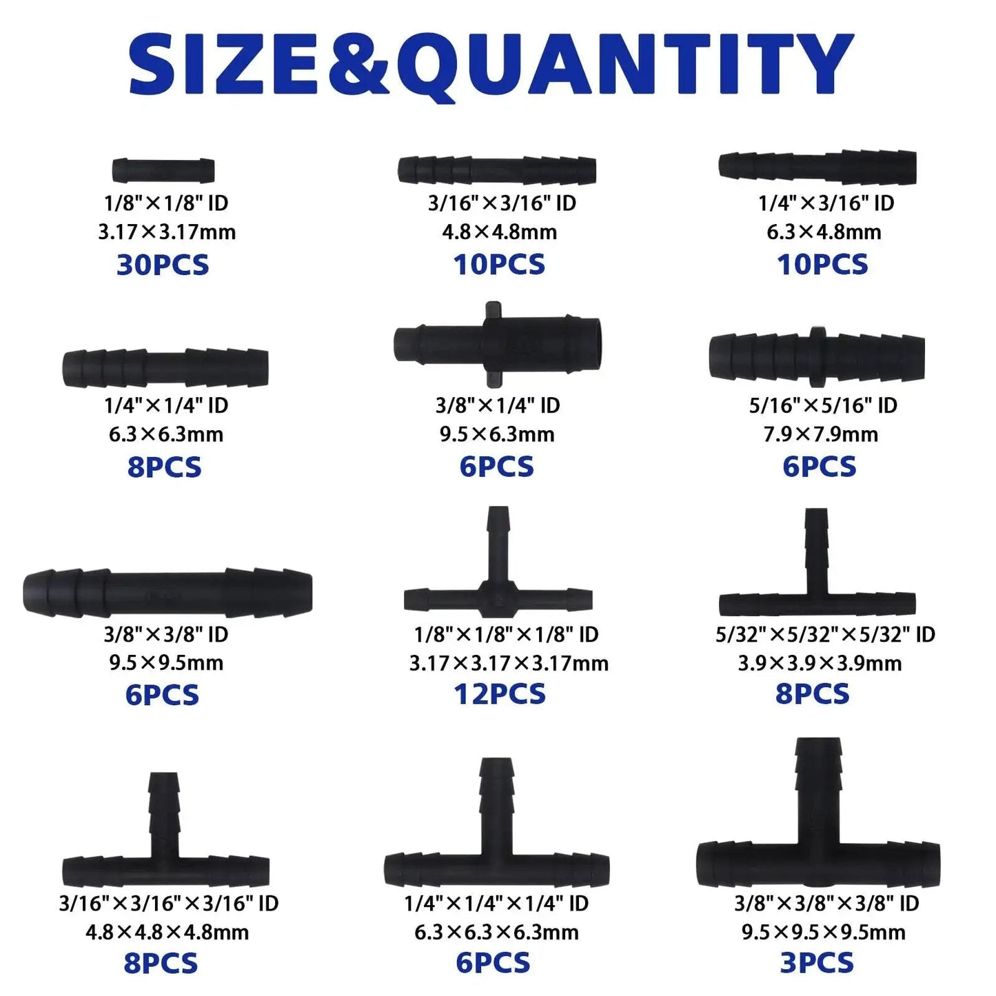 Size chart for Nylon 66 Vacuum Connector Kit for Automotive Hoses 113 Piece Assortment Heat Resistant to 240C 460F in black nylon.