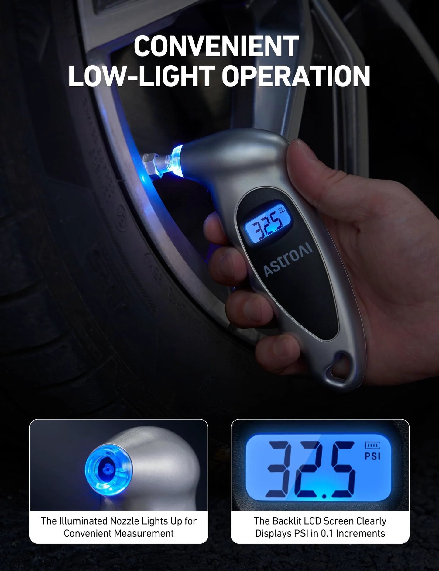 Close-up of a digital tire pressure gauge with backlit LCD displaying 32.5 PSI, showing convenient low-light operation.