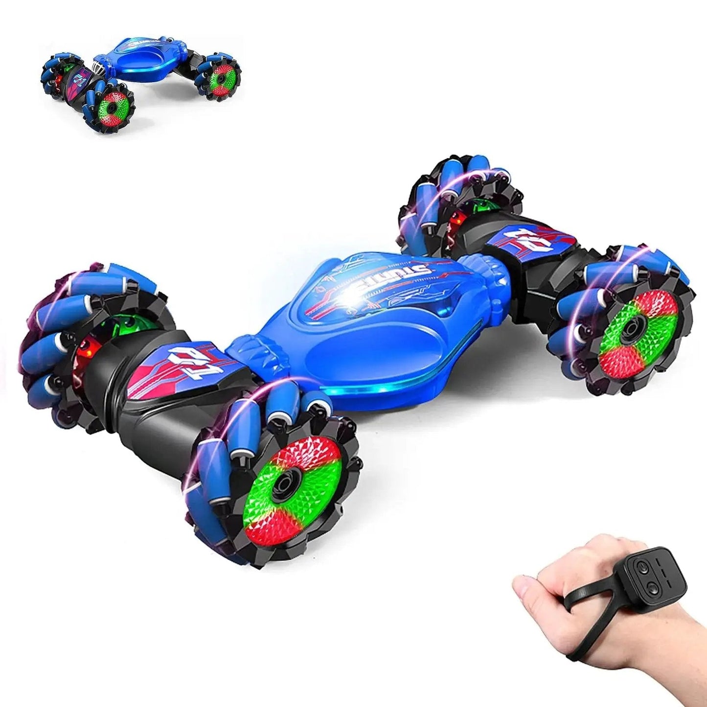 360 Degree Rotating 4WD Gesture Control RC Car with Gesture Sensing showing LED lights and gesture control watch