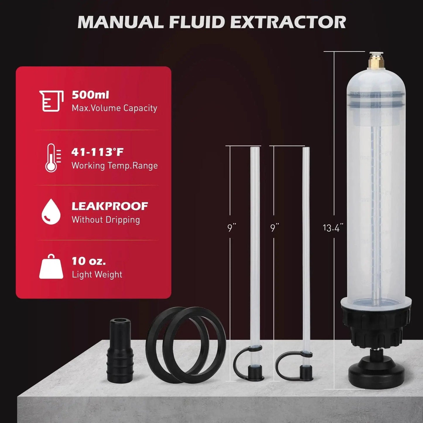 500cc Fluid Extractor And Oil Syringe With Leak Proof Dual Seal Pump, side view with extension tubes and components visible.