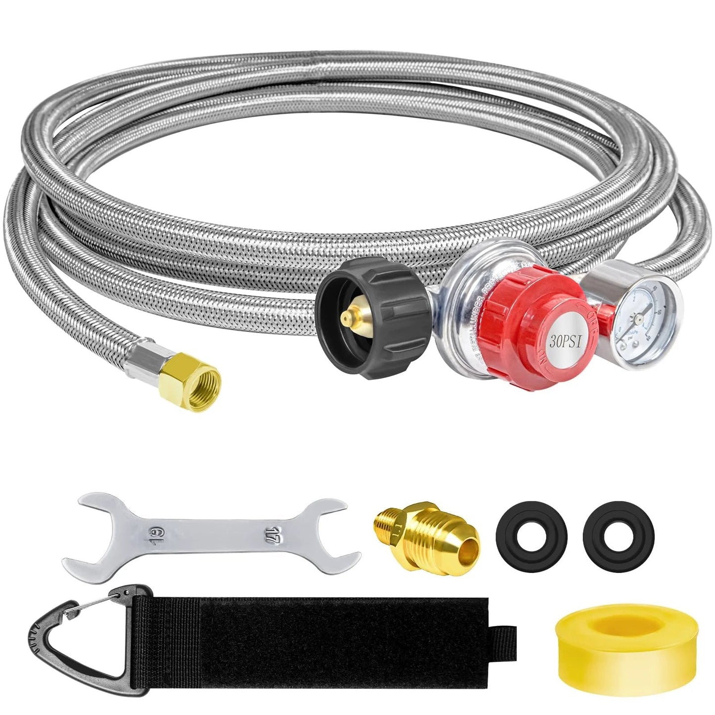 12 Foot High Pressure Propane Regulator Kit With 0 To 30 PSI Adjustable Regulator And 0 To 60 PSI Gauge For Gas Grills And Outdoor BBQs Stainless Steel Braided Hose QCC1 Three Eighths Inch Female Flare Fittings
