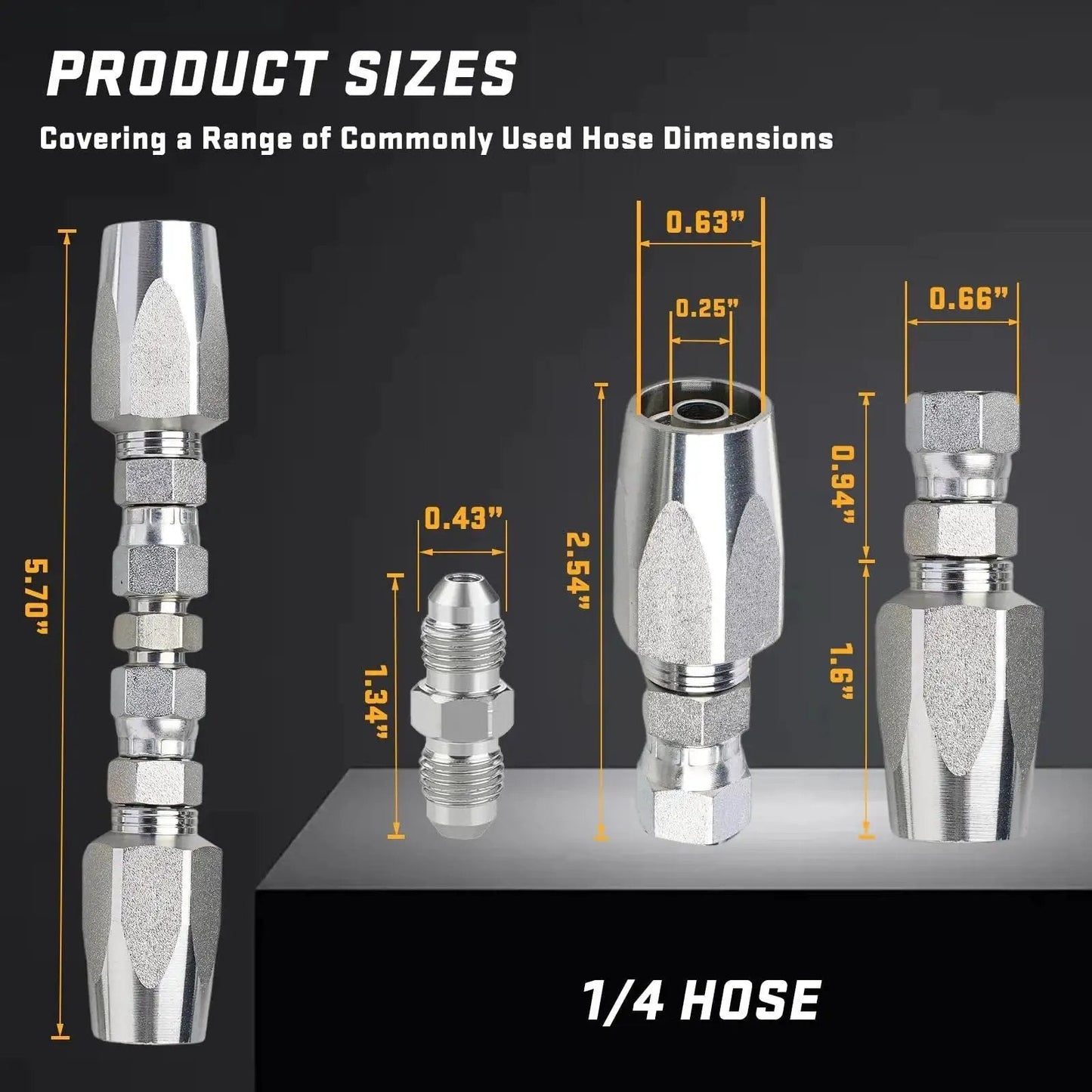 Professional Hydraulic Hose Field Repair Kit sizes with 3 reusable fittings for 1/4 inch hose, reverse threaded ferrules, durable design.