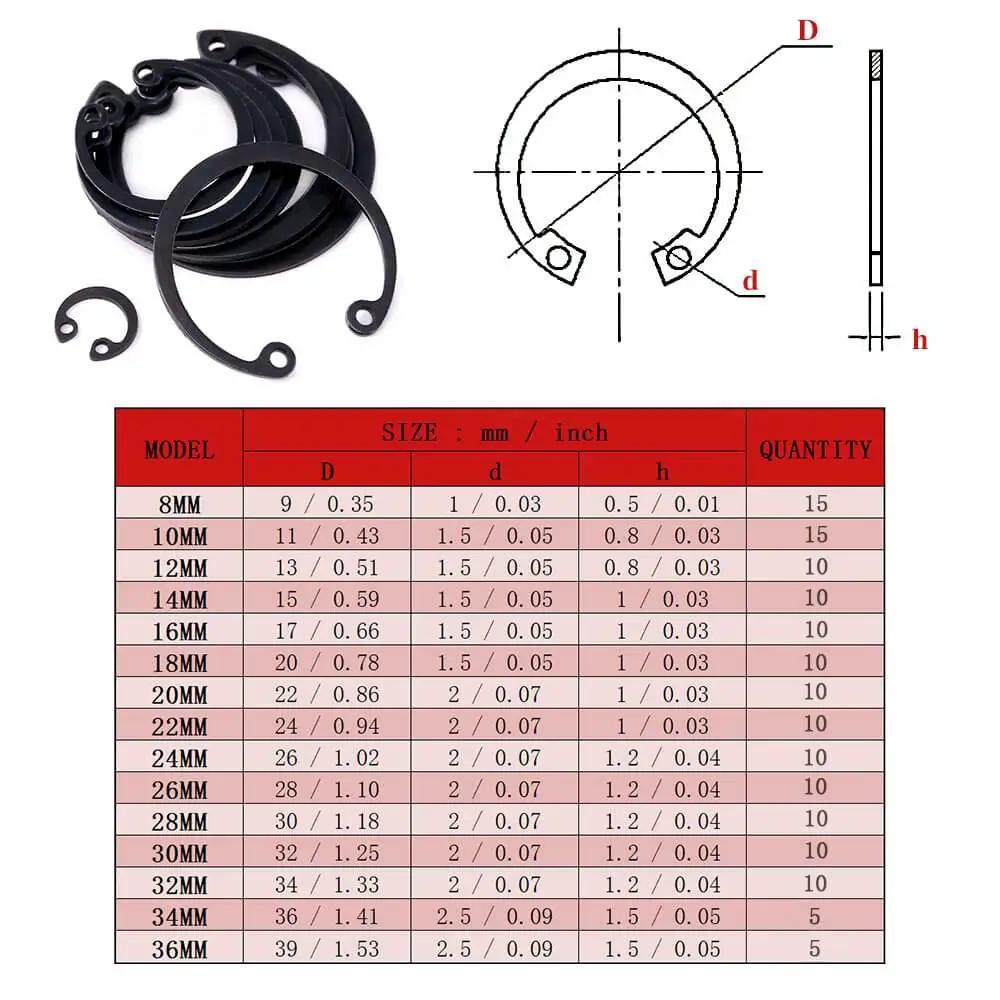 Pro Grade Internal Snap Ring Kit Set 150 Piece Alloy Steel Retaining Clip Ring Assortment In 15 Sizes From 8mm To 36mm chart and sample rings