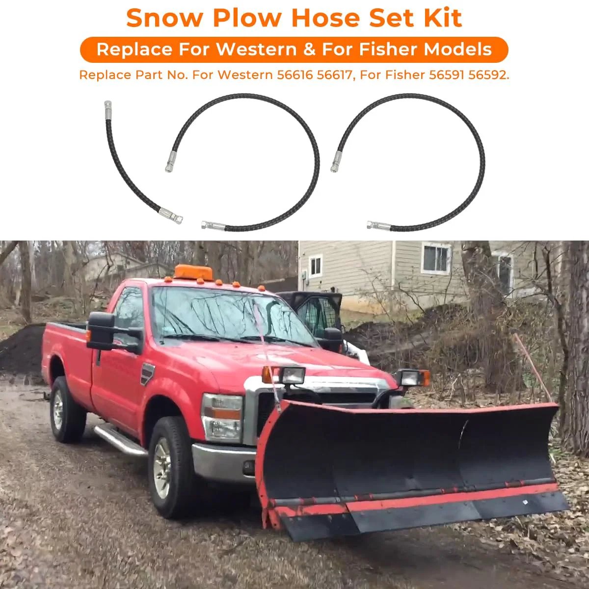 Heavy Duty Snow Plow Hydraulic Hose Set Replacement For Western 56616 56617 And Fisher 56591 56592 shown installed on red truck.