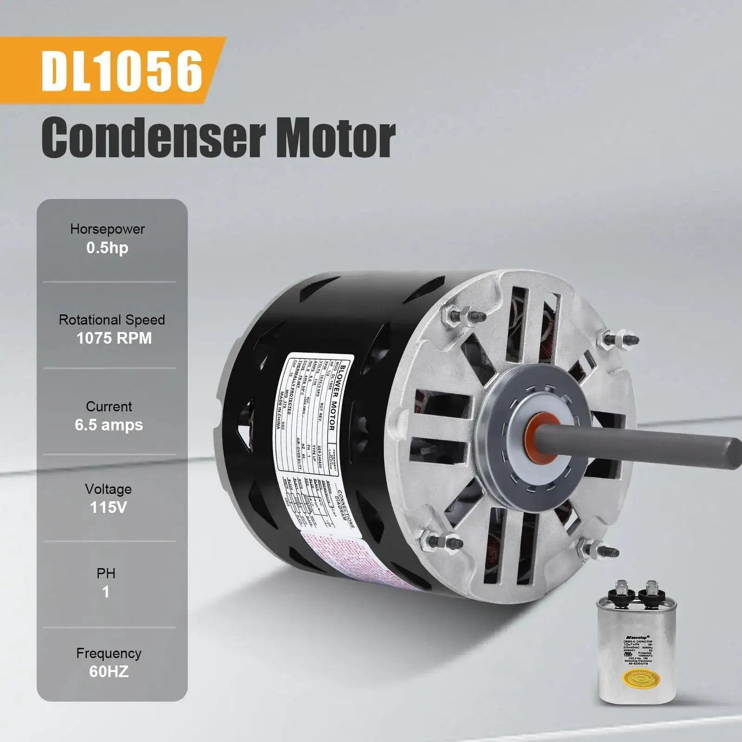 Direct Drive Blower Motor With Sleeve Bearing 0.5 HP, 1075 RPM, 115 Volt, shown in a 48 Frame, includes speed, voltage, and current details.