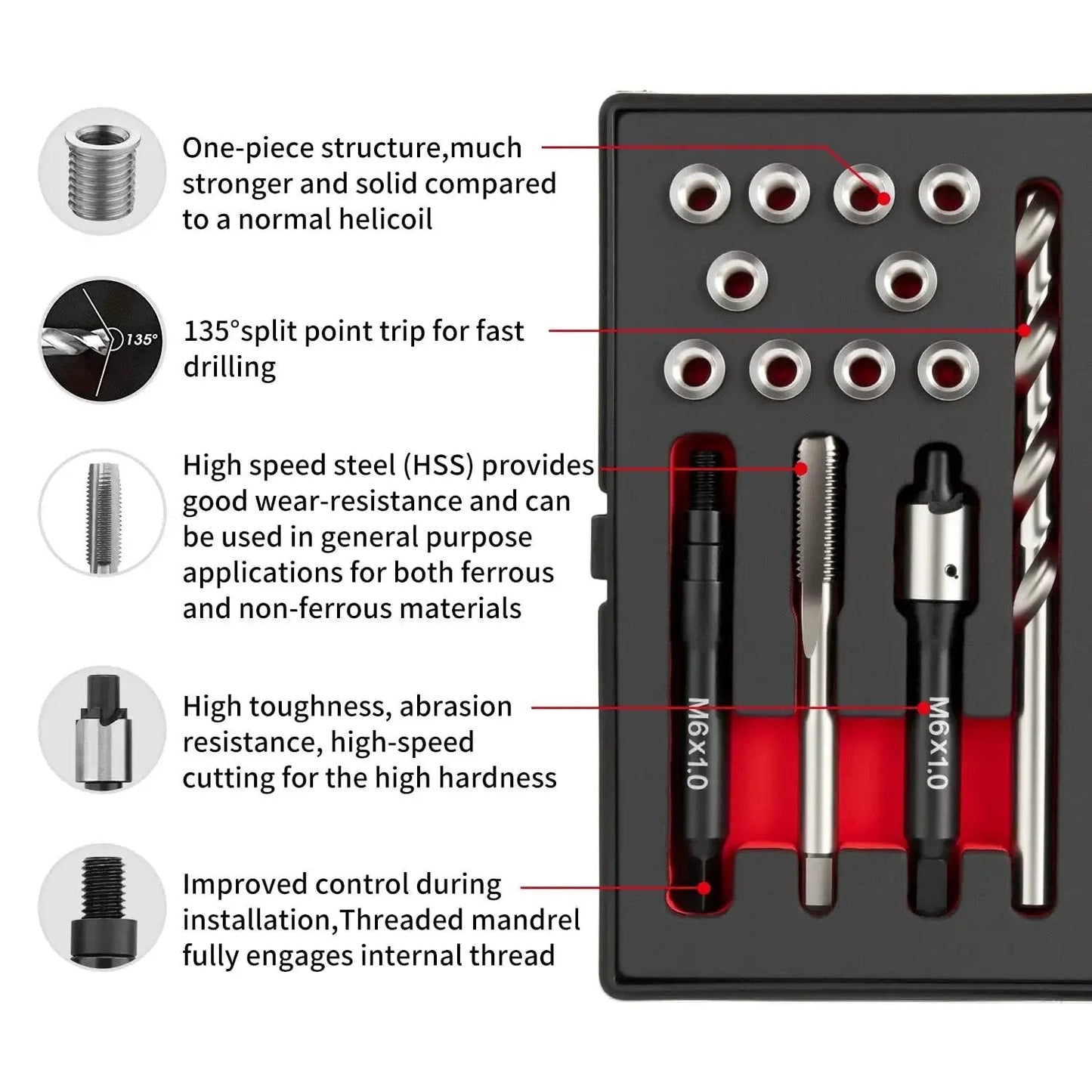 M6x1.0 Thread Repair Kit With 9.4mm Stainless Inserts Drill Tap Driver in packaging showing tools and inserts.