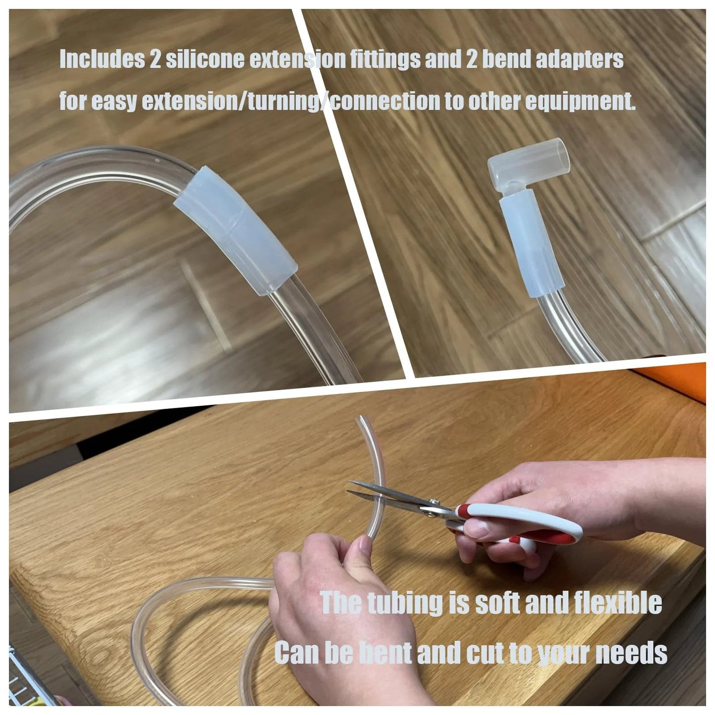 Clear PVC Vinyl Tubing 1/4in ID X 3/8in OD, 10 Feet Long with silicone extension and bend joints, being cut for DIY use.