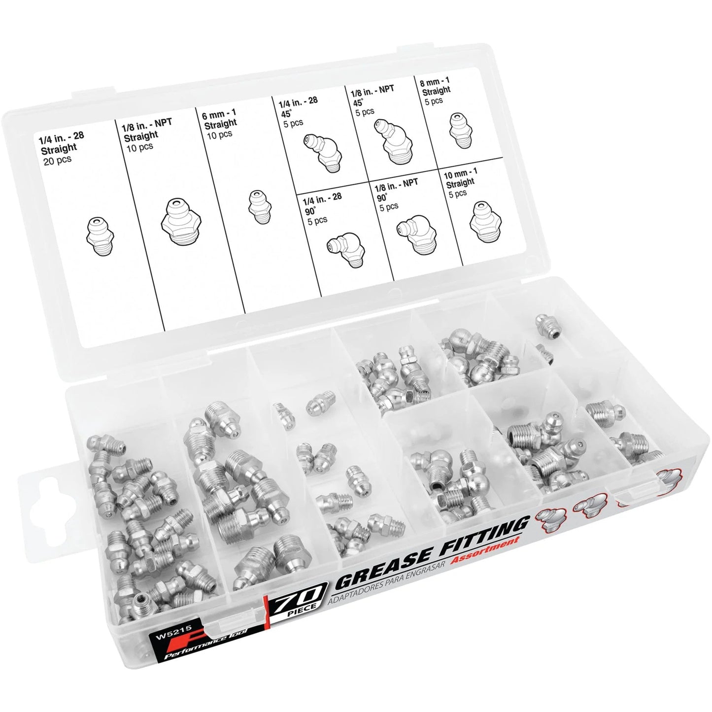 Grease Fittings Set for SAE and Metric in a Reusable Case Seventy Piece Kit With Quarter Inch 28 Fittings By Performance Tool
