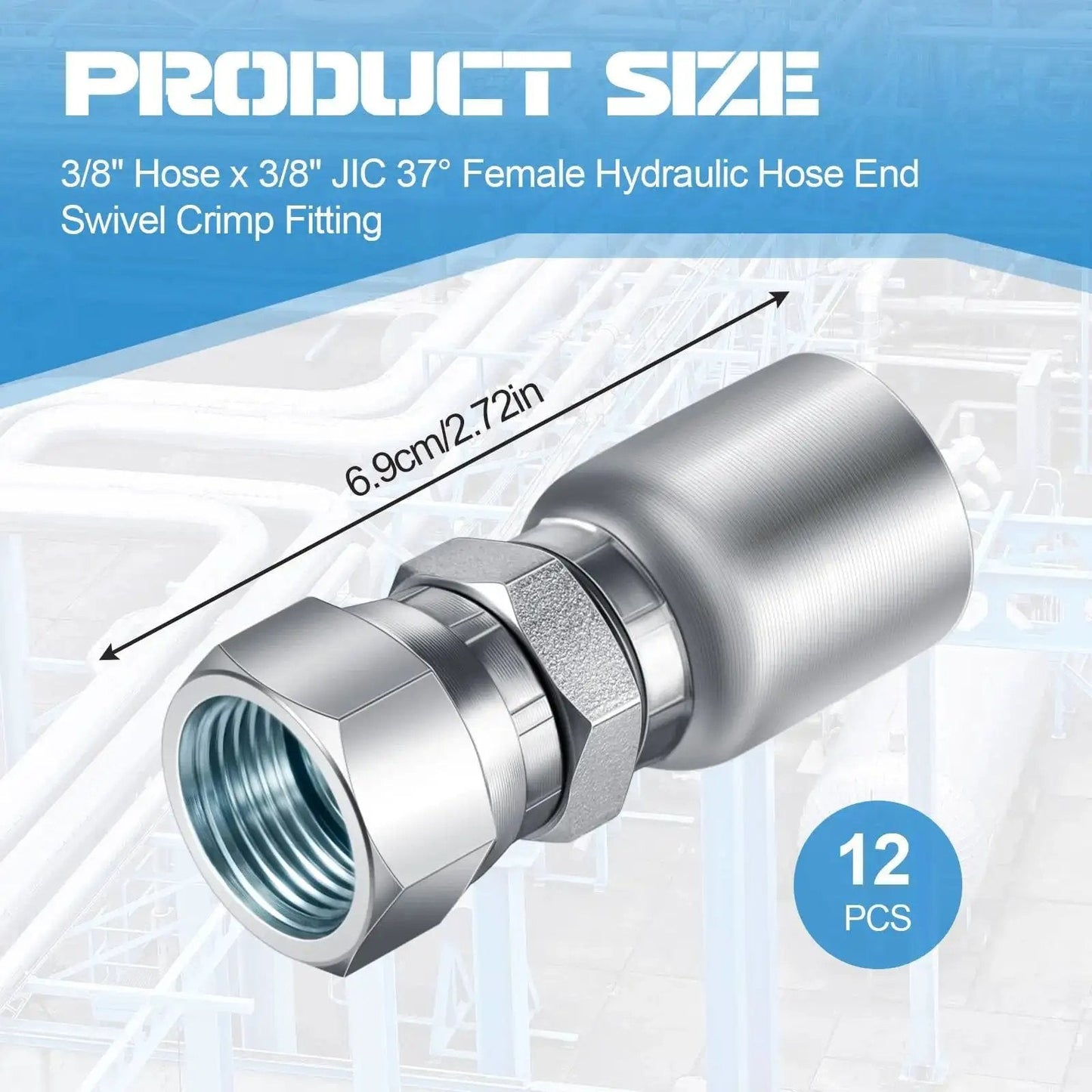 12 Piece Hydraulic Hose Fittings Set Three Eighths Inch JIC 37 Degree Female Swivel Crimp End Fittings for Hydraulic Lines