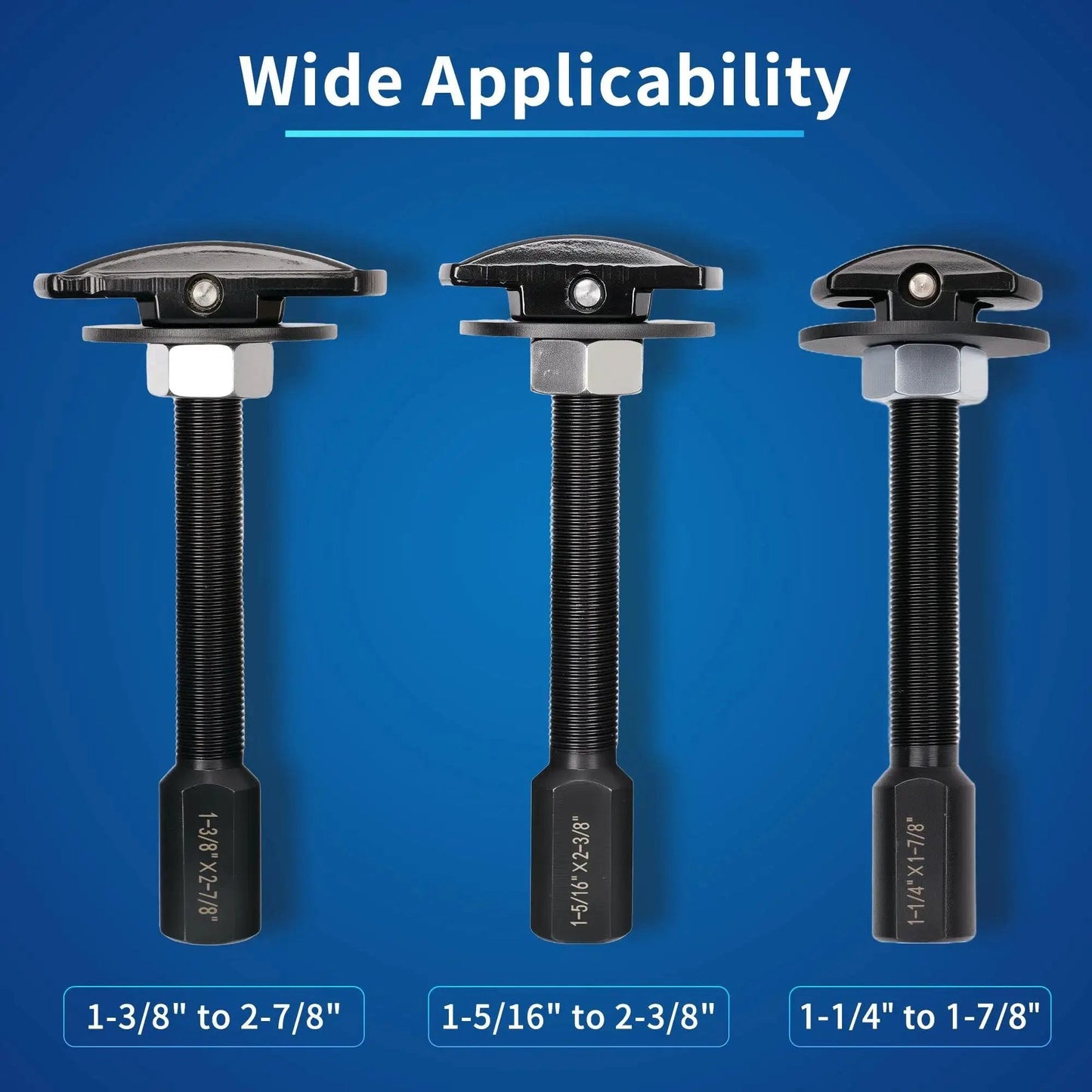 Rear Axle Bearing Puller Tool Set, 3-Piece Bearing Extractor Kit With Slide Hammer, size ranges shown, fits domestic cars and trucks