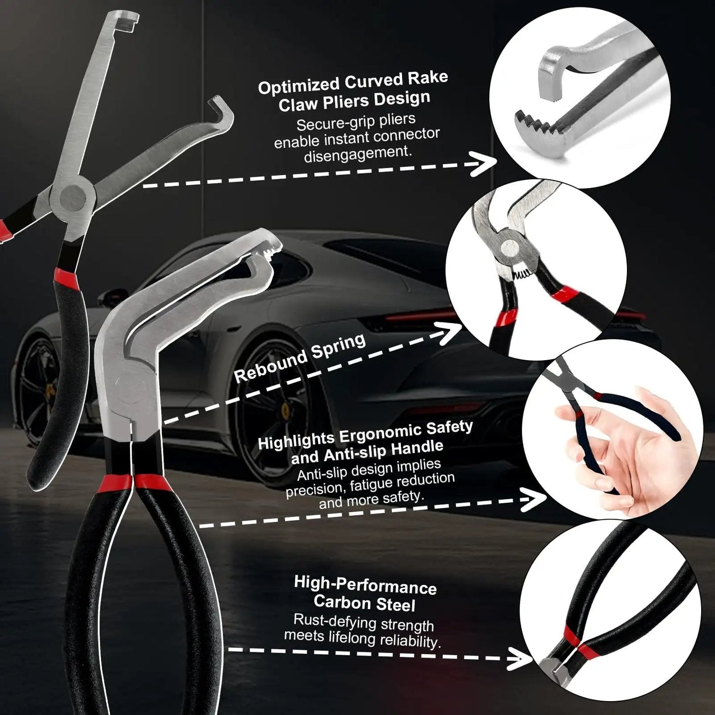 Close-up of 4 Piece Automotive Electrical Disconnect Pliers Set 37960 Straight 37980 60 Degree 13120 Dual Head carbon steel tools with ergonomic handles.
