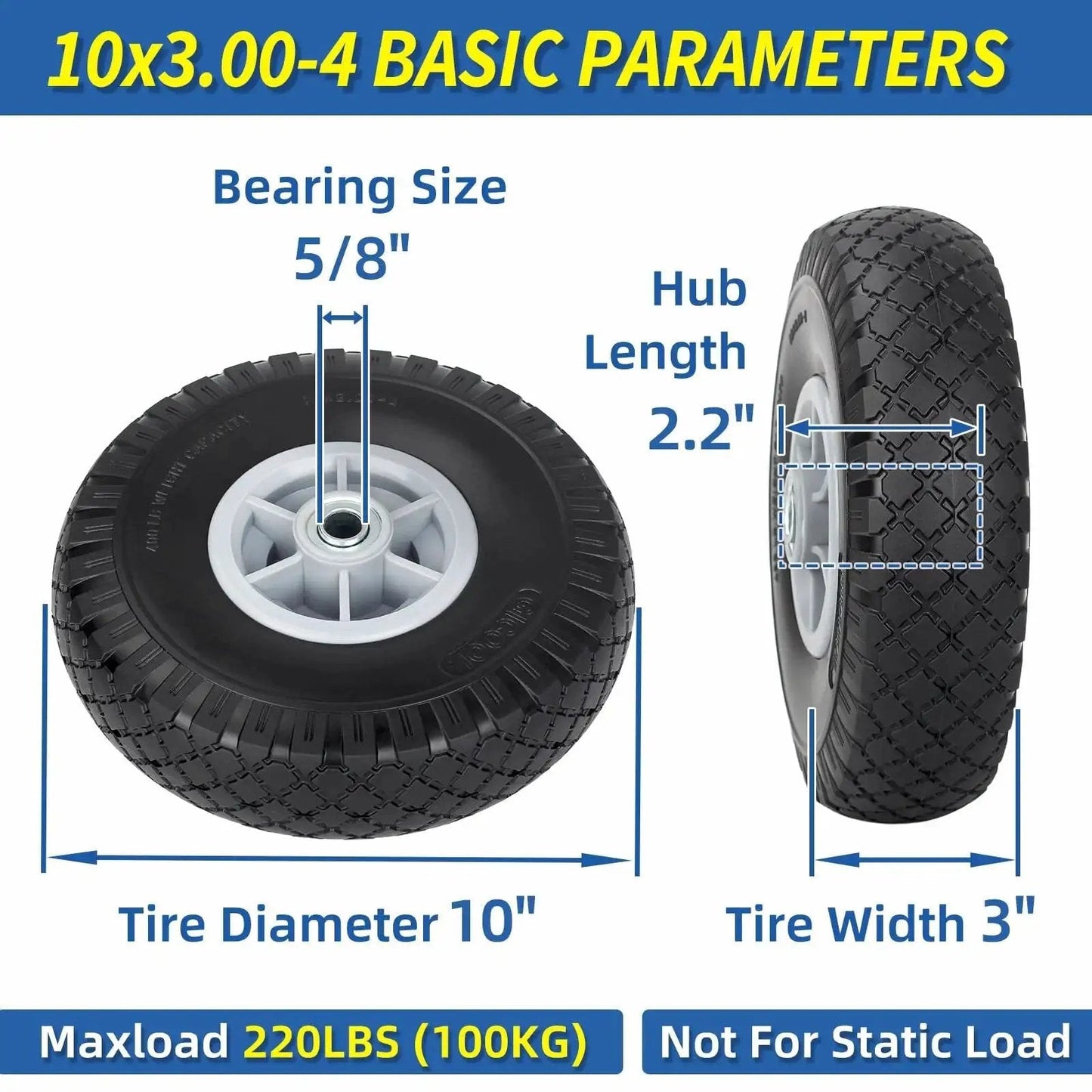 10x3.00-4 Flat Free Tire And Wheel Assembly For Carts And Trolleys, 10 Inch Diameter, 3 Inch Width, 5/8 Inch Axle Bore, 2.2 Inch Offset Hub