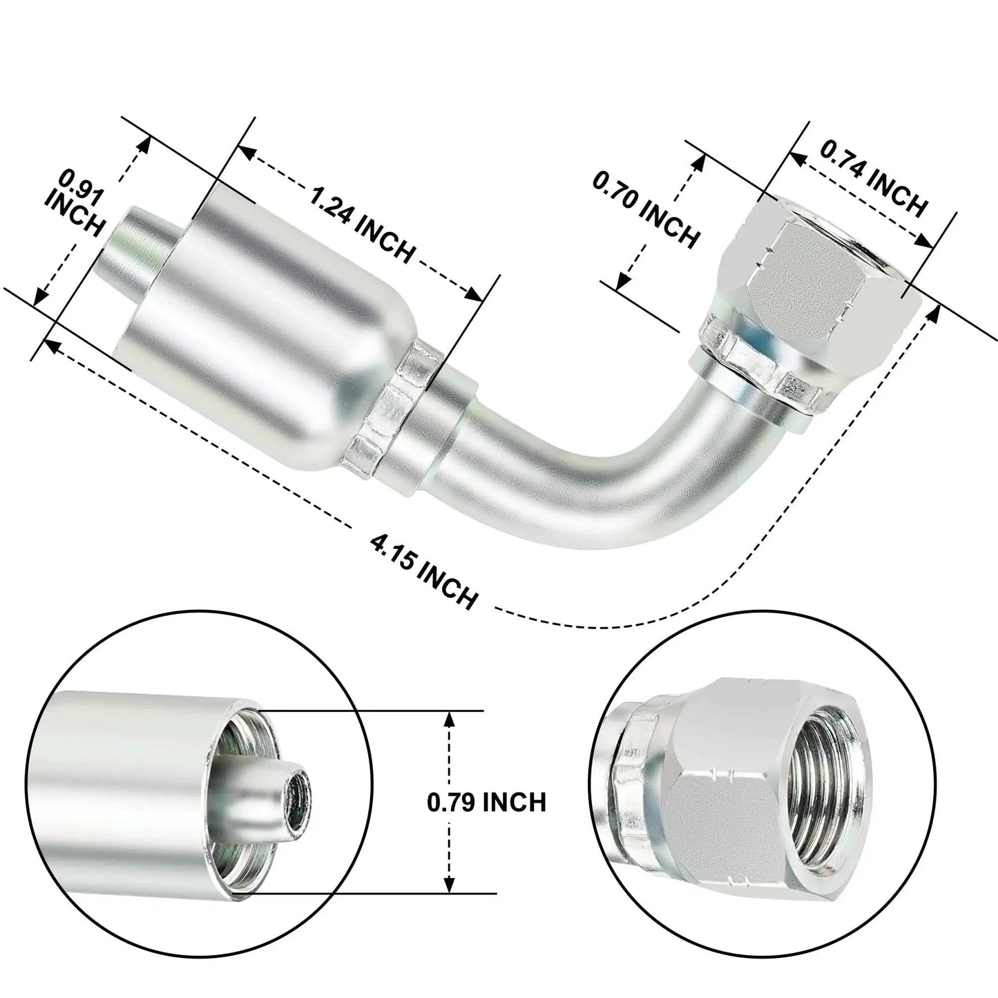 Beefy Three Eighths Inch Hydraulic Fittings 90 Degree JIC Hose Crimp Kit for repair of hydraulic lines, close-up details