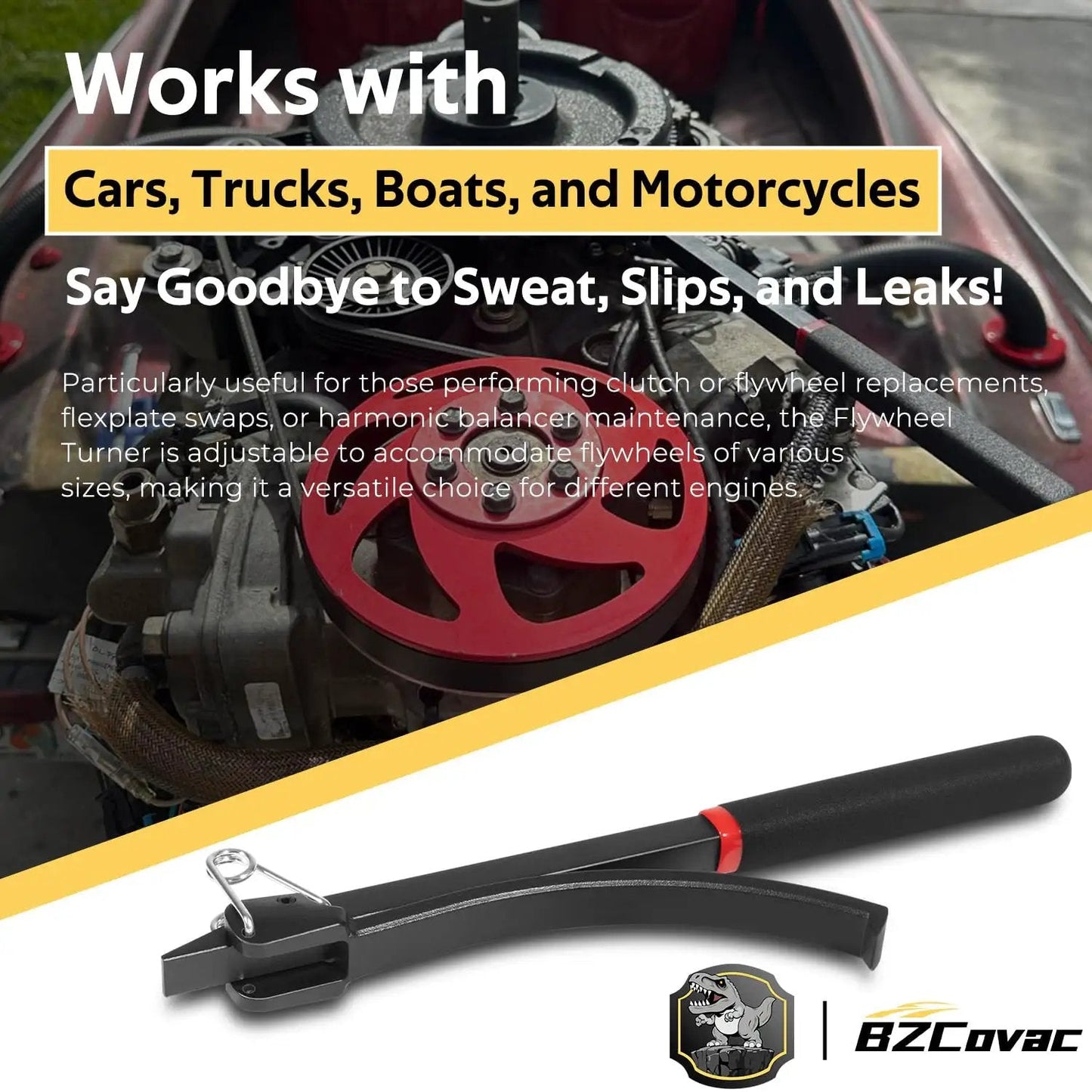 Flywheel Turner Locking Holding Tool For Auto Engines And Outboard Motors DIY Friendly Flexplate Turning Tool For Transmission Replacement Engine Maintenance Torque Converter And Flexplate Servicing Timing Chain And Cover Work with ergonomic handle shown in front of engine.