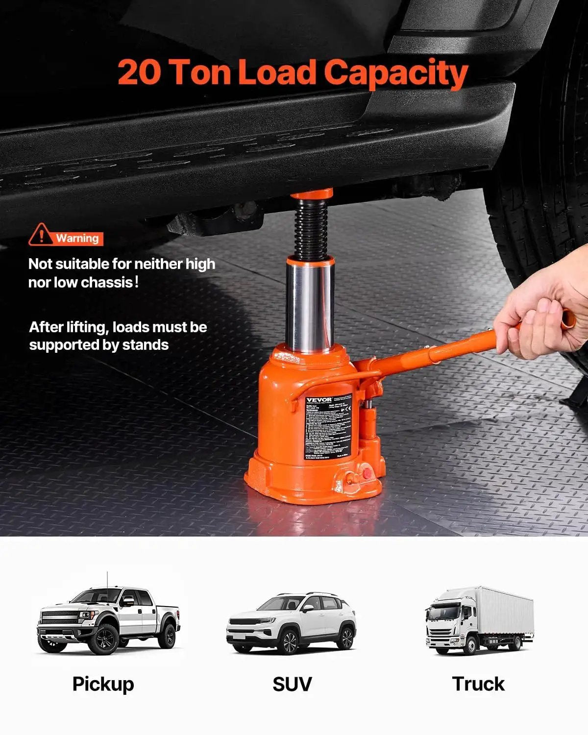 20 Ton Low Profile Hydraulic Bottle Jack With 6.69 To 12.6 Lift And Long Handle lifting a car