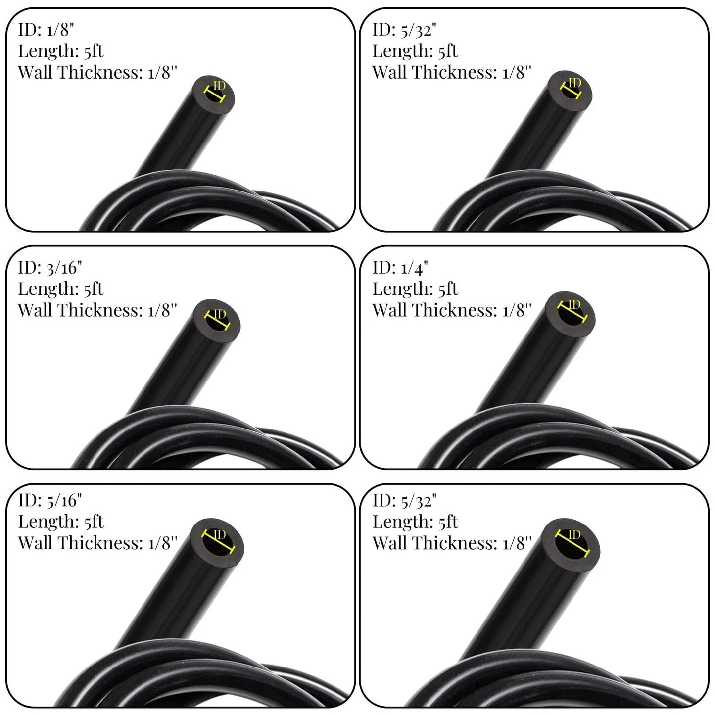 Image of Six Piece Silicone Vacuum Hose Kit With Five Foot Lengths In One Eighth Inch, Five Thirty Second Inch, Three Sixteenth Inch, One Quarter Inch, Five Sixteenth Inch And Three Eighth Inch For High Temp Water Air Transfer And Vehicle Radiator Use By ZAVOOS, showing all six hose sizes.