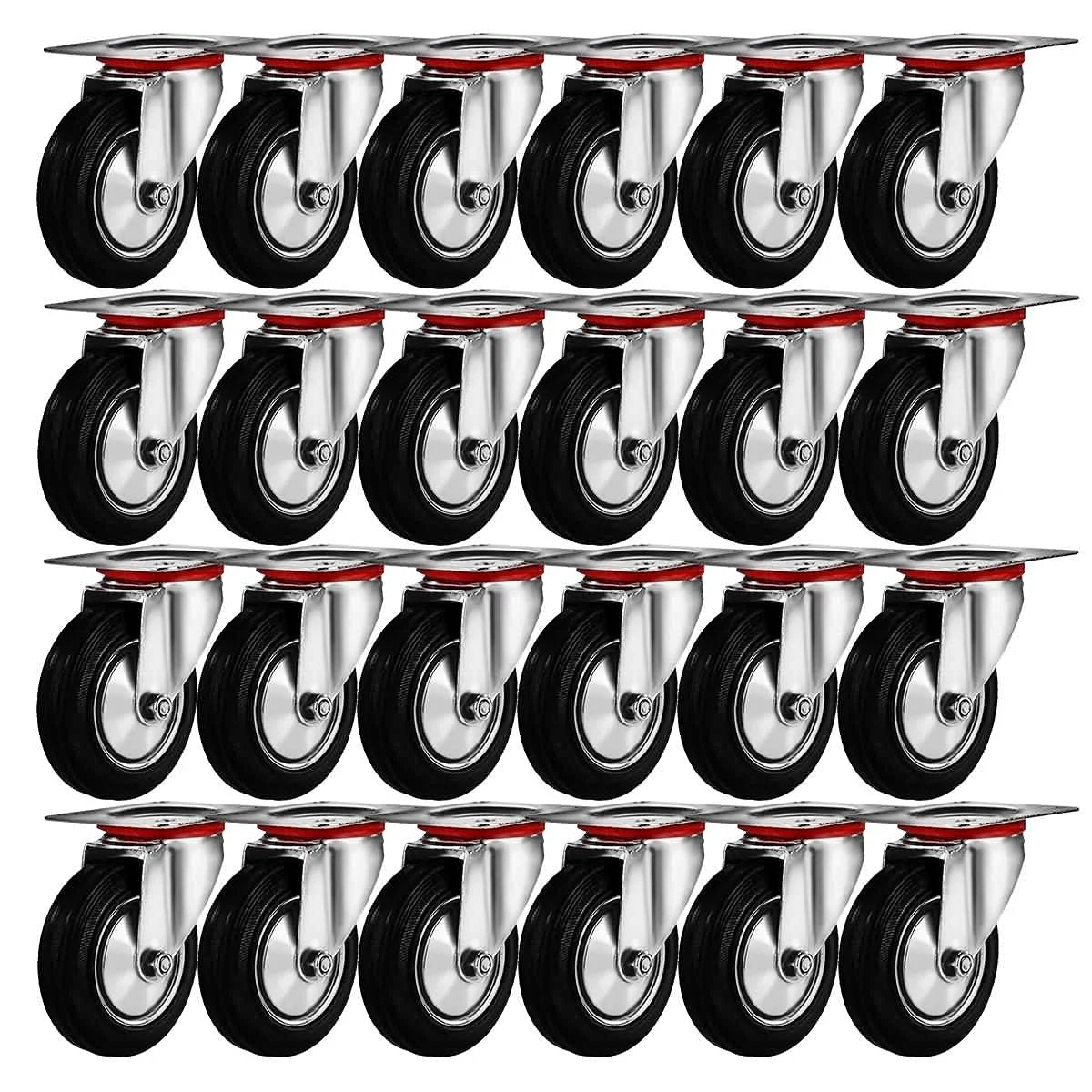 24 Pack Three Inch Swivel Caster Wheels With Rubber Base And Top Plate Double Ball Bearing Heavy Duty Ideal For Carts And Equipment Load Capacity Over 250 Lbs Per Caster With Durable Rubber Wheel For Easy Maneuverability On Wood And Concrete Surfaces