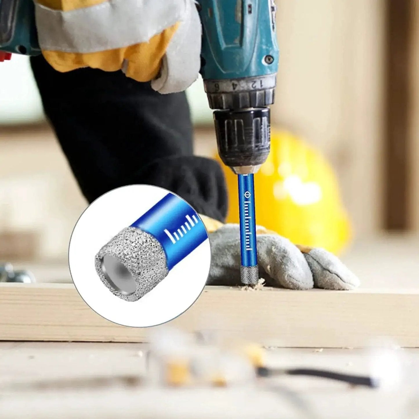 9-Piece Premium Diamond Drill Bit Set for Precision Drilling in Porcelain, Ceramic, Glass, and Marble, shown during use drilling