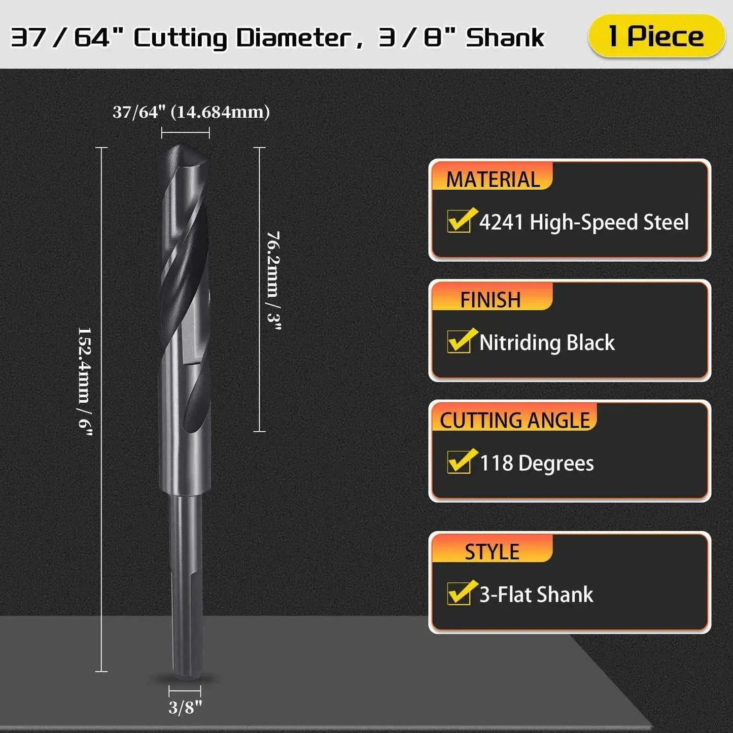 High Performance 37/64 Inch Drill Bit For Plastic And Wood, Three Eighths Inch Reduced Shank, 3 Flat Ground, 4341 HSS Nitriding Black