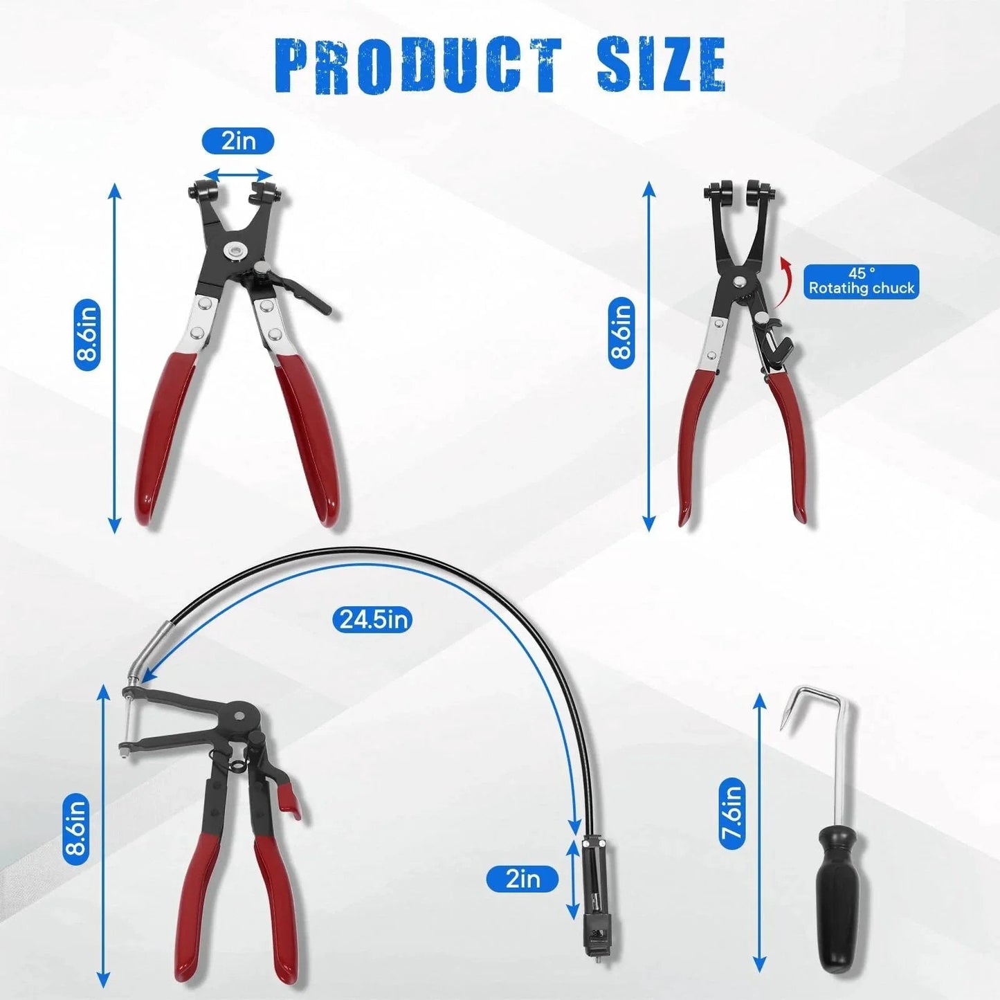 4 Piece Long Reach Hose Clamp Pliers Tool Set With Premium Hard Case For Automotive Radiator Hose Clamp Remover Flexible Wire Pliers Designed For Coolant Heater And Water Hose Maintenance And Repairs, showing tool sizes and dimensions