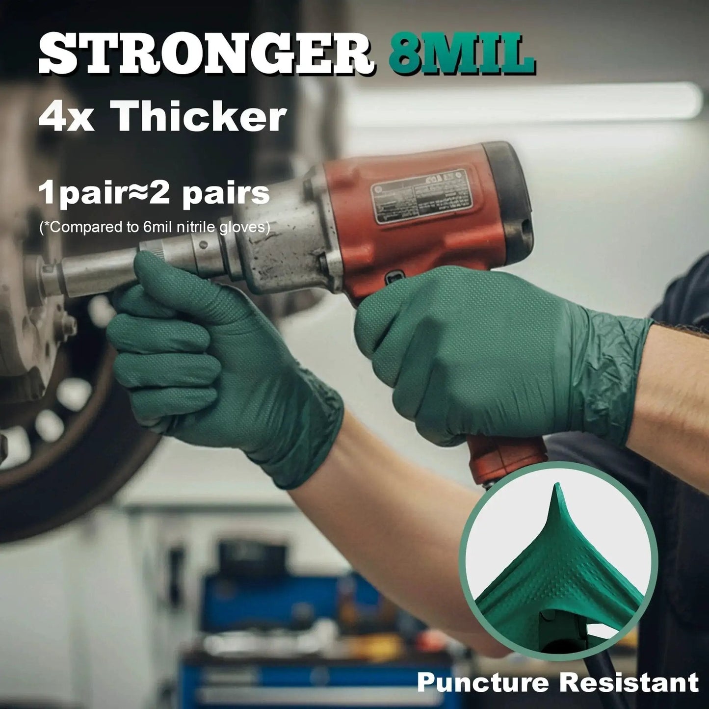 Heavy Duty 8 Mil Nitrile Gloves With Raised Diamond Grip Dark Green Latex Free used in automotive repair