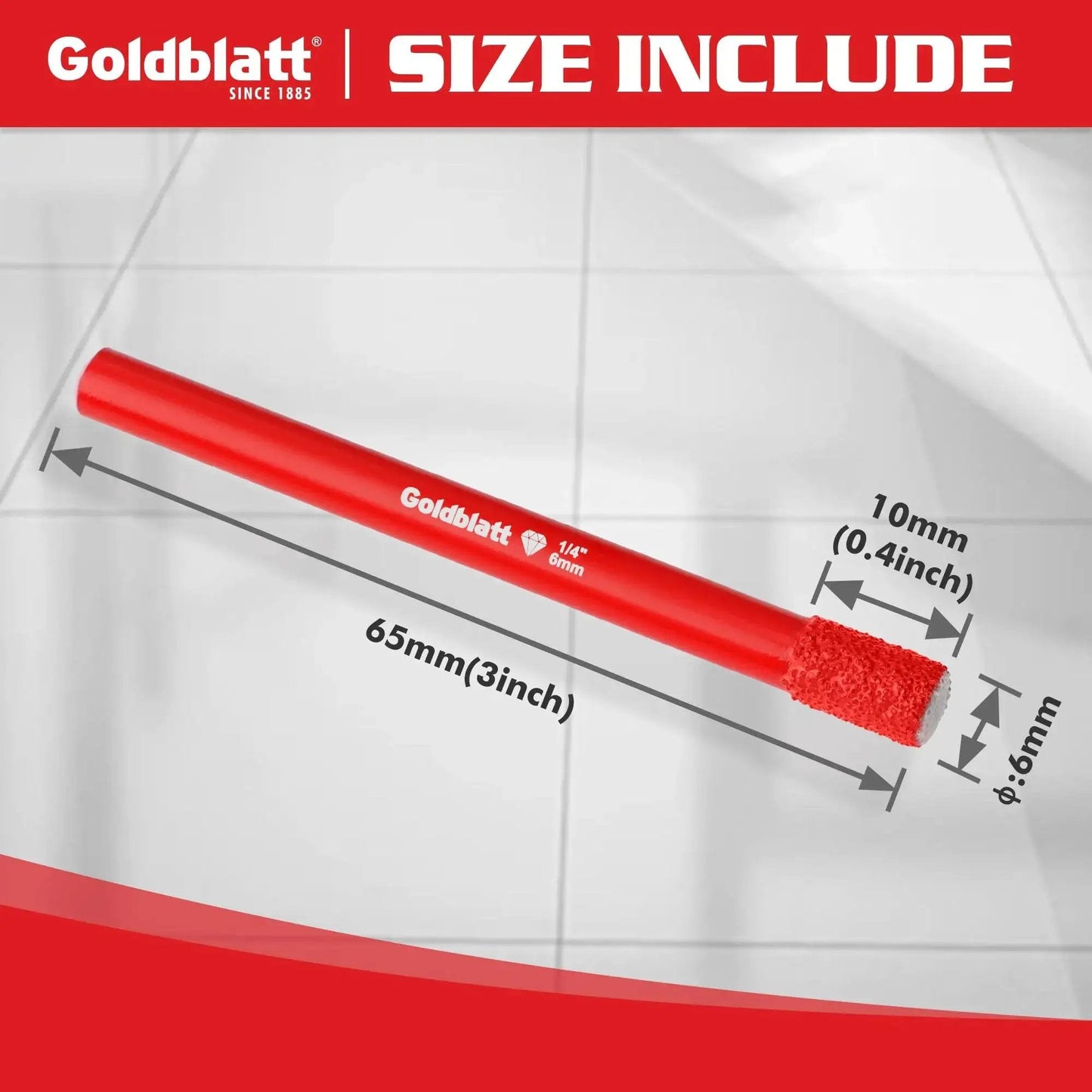 Powerful 10 Piece Diamond Drill Bit Set With One Quarter Inch Shank 6mm Vacuum Brazed Diamond Hole Saw Kit For Porcelain Tile Ceramic Concrete Granite Marble And Other Hard Materials Not For Wood Goldblatt, showing a red 6mm diameter drill bit with dimensions.