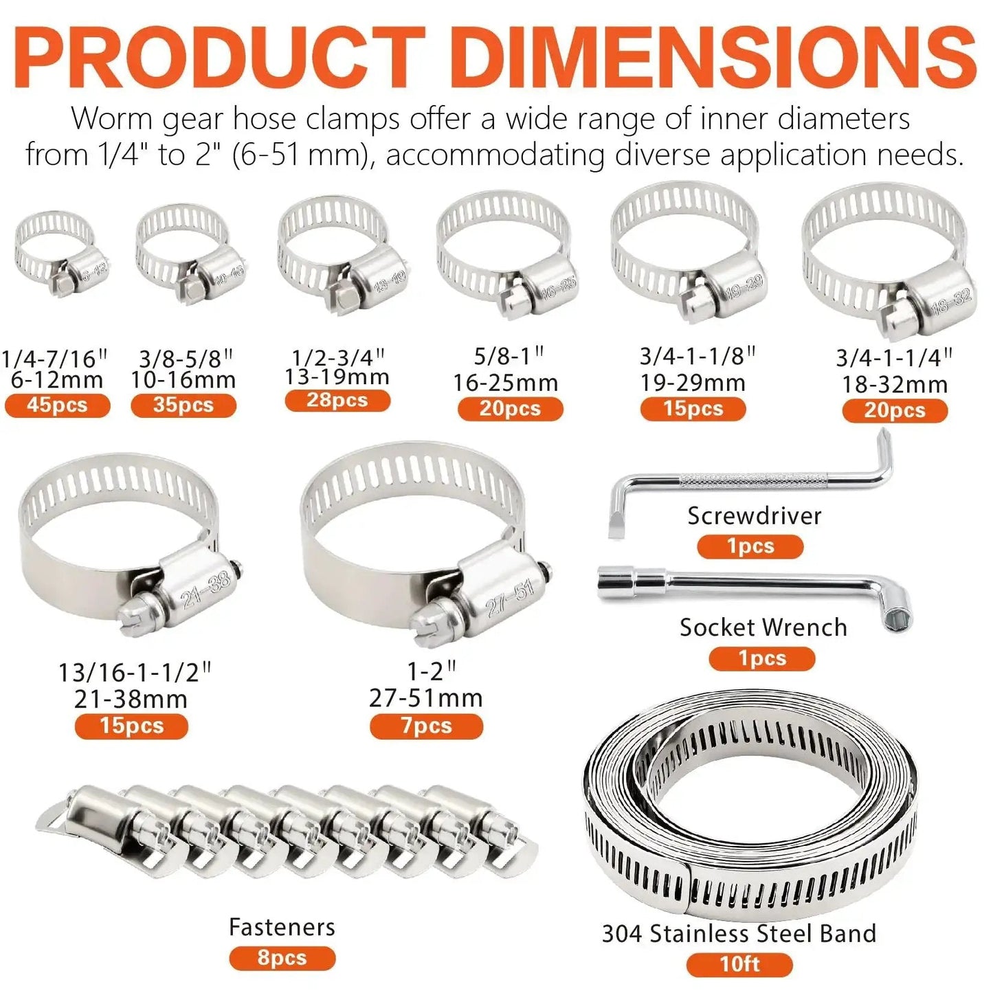 Pro Grade 185 Piece 304 Stainless Steel Anti Rust Hose Clamp Kit with various sizes and tools displayed