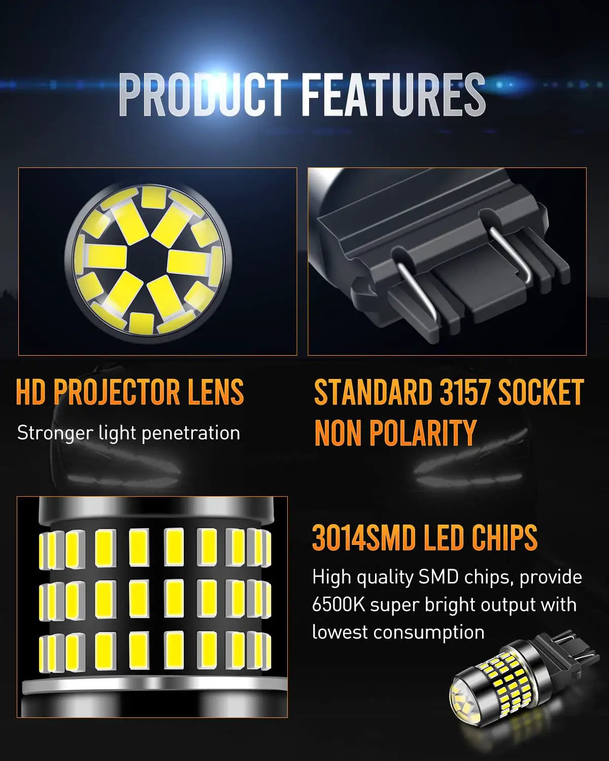Crazy Bright 3157 LED Bulbs For Back Up Lights Xenon White 6500K 1800 Lumens features HD projector lens and SMD chips.