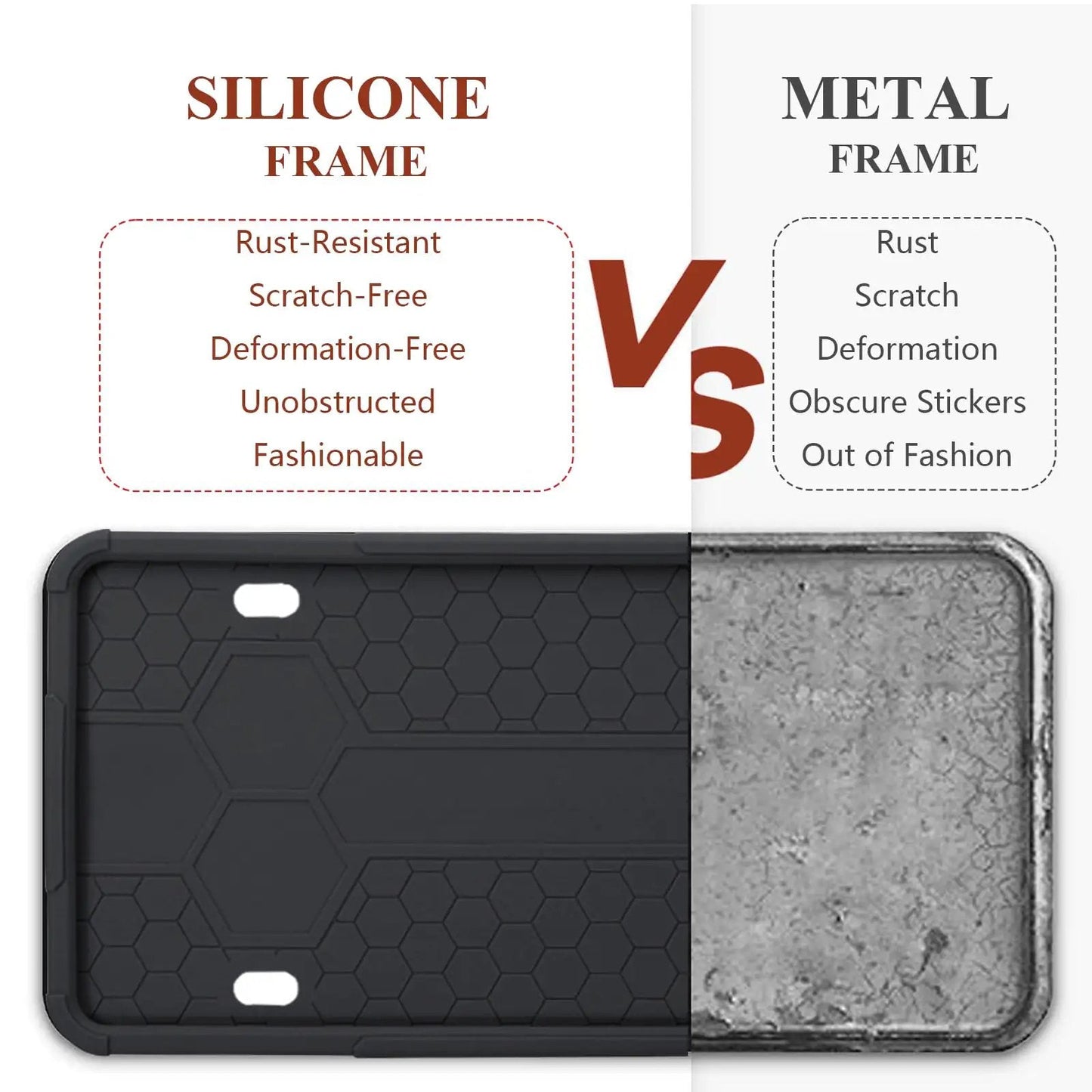 Comparison of Silicone License Plate Frame 2 Pack For Cars And SUVs with metal frame, highlighting rustproof and scratch-resistant features.