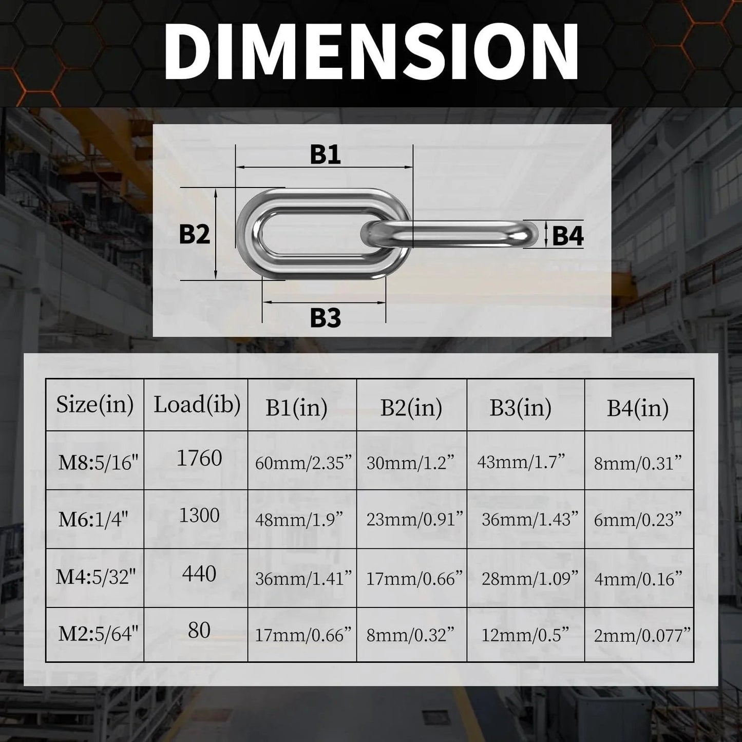 Diagram showing dimensions of Heavy Duty Stainless Steel Link Chain 304 5/64 Inch Links with 80 Lb Working Load Limit.