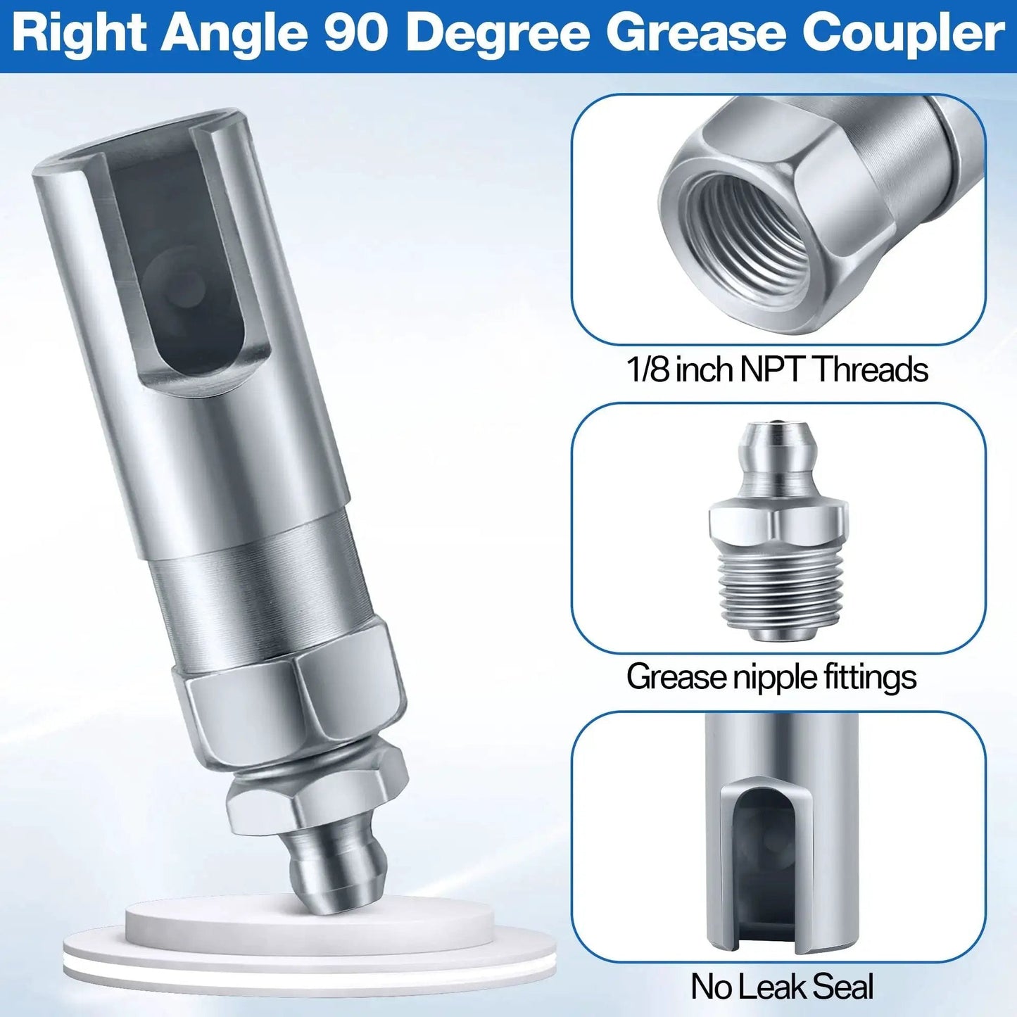 Right angle 90 degree grease coupler with 1/8 inch NPT threads and no leak seal, featuring grease nipple fittings.