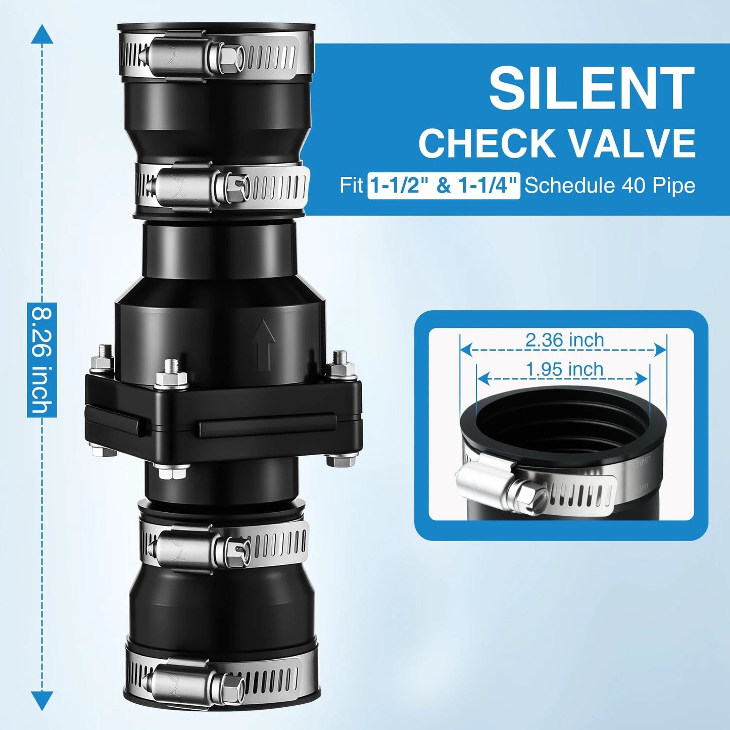 Universal Sump Pump Check Valve Fits 1-1/2 Inch Or 1-1/4 Inch Pipe Slip On Valve With 4 Stainless Steel Hose Clamps No Frills PVC Flapper For Leak Proof Backflow Prevention And Longer Sump Pump Life, showing product dimensions and construction details.