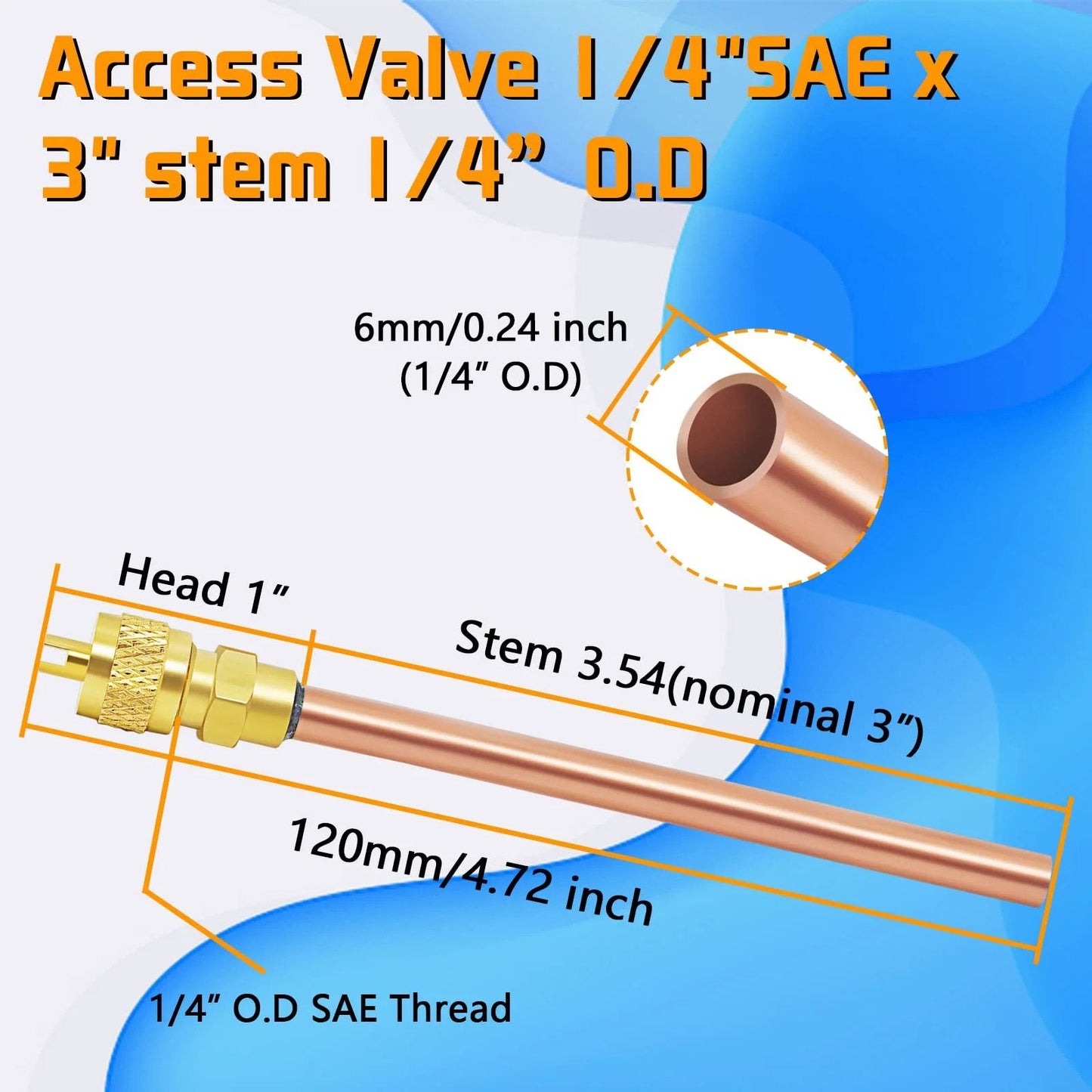 HVAC Schrader Access Service Valve Kit 30-Piece for Air Conditioner Charge With One Quarter Inch SAE to One Quarter Inch Outer Diameter and Three Point Five Four Inch Stem Copper Brass Core Needle Valves DIY Friendly, showing dimensions and copper-brass material.