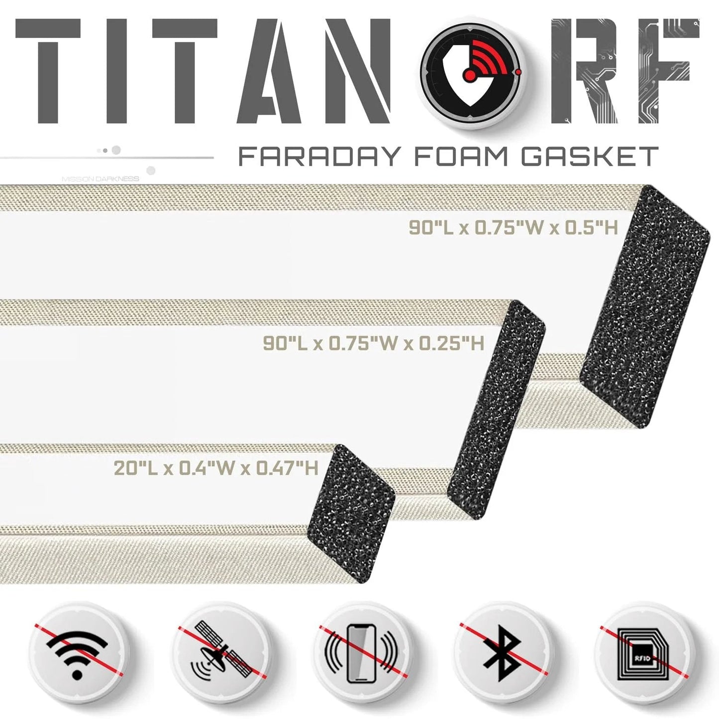 Faraday Foam Gasket For RF Enclosures, 90 Inch Long By 0.75 Inch Wide By 0.5 Inch Thick, Foam Strip Covered In High Shielding Conductive Fabric With Adhesive Backing, Easy Trim And Peel To Seal EMI Enclosures.