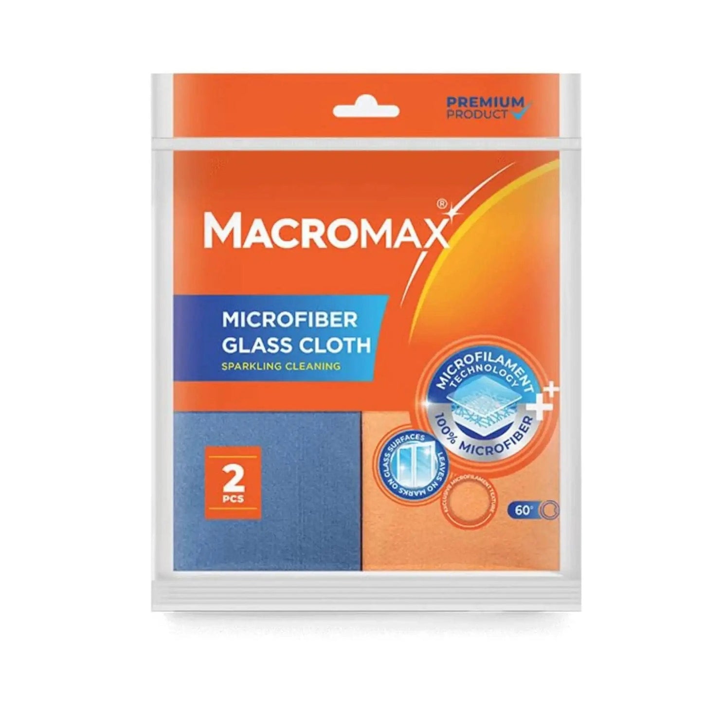 Packaging of Lint Free Microfiber Glass Cloth 2 Pack For Streak Free Windows Mirrors Cars, shows orange and blue cloths