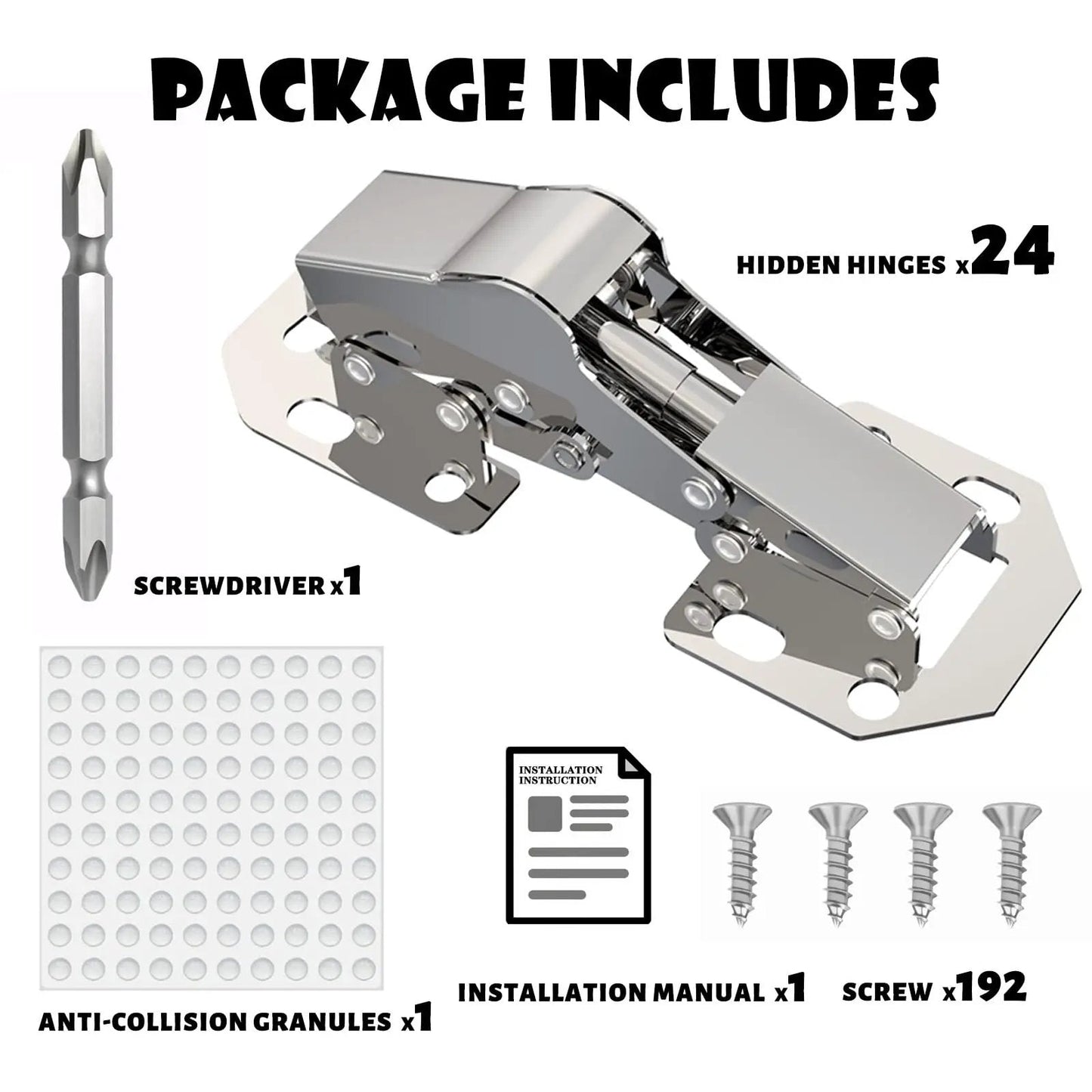 Package contents display of 24 Pack Hidden Hinges Soft Close Surface Mount Concealed Cabinet Hinges For Frameless Kitchen Cabinets No Pre Drill Holes Easy Install For Cabinet Doors Durable Steel Construction Great For Modern Cupboards, including screws, screwdriver, granules, and manual.