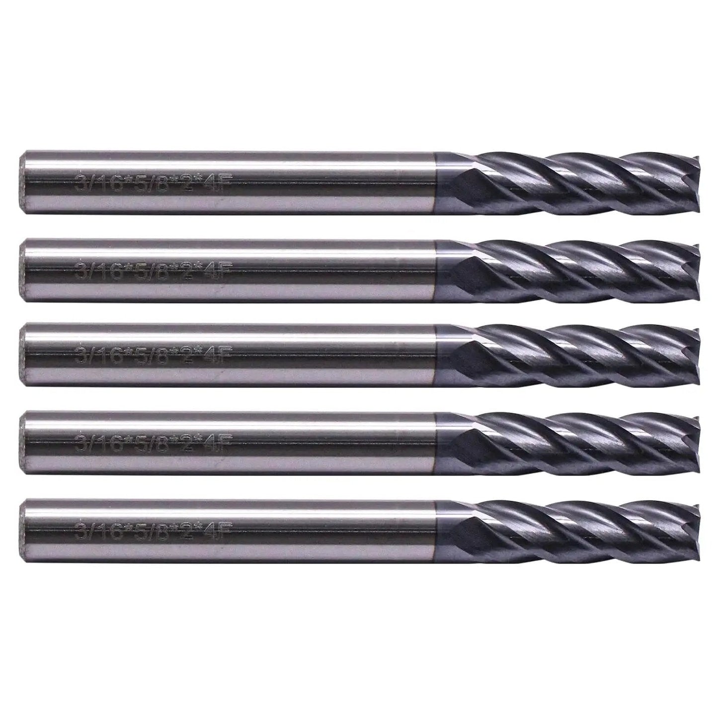 Heavy Duty 5 Piece Solid Carbide End Mills Set AlTiN Coated Square End Mills 4 Flute 30 Degree Helix visible side view