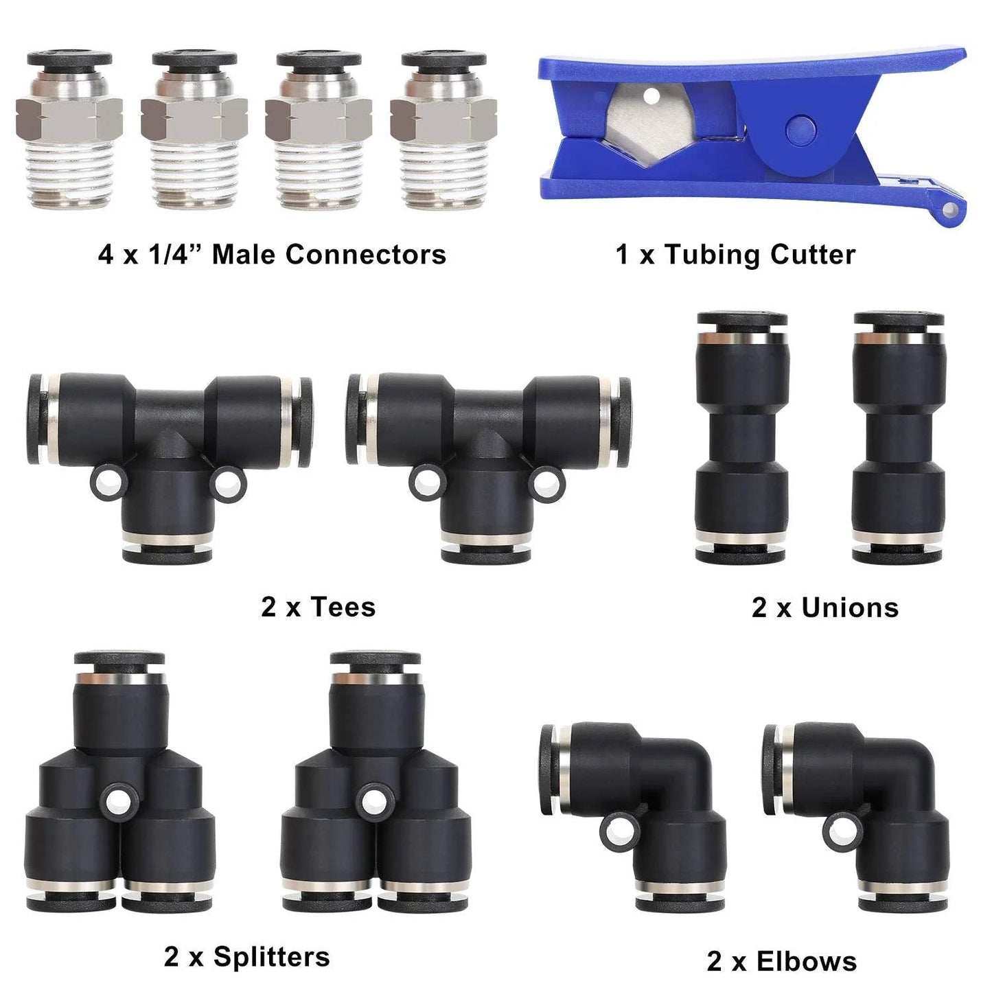 DIY Air Line Tubing Kit One Quarter Inch PU Tube 32.8 Feet With Push To Connect Fittings 14 Piece Compressed Air Accessories Kit For Building Your Own Pressurized Air System Keeps Your Workshop Neat And Organized showing connectors, tees, unions, splitters, elbows, and tubing cutter.