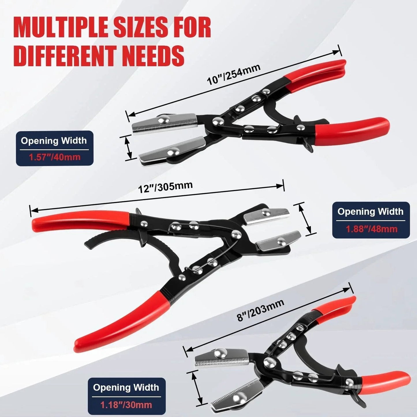 Three Piece Ratchet Hose Pinch Off Pliers Set With 8 Inch 10 Inch And 12 Inch Locking Fuel Line Pliers For Radiator Hose Heater Coolant And Fuel Lines Flexible Clamp Tool For Automotive Repair shown in size comparison with red handles.