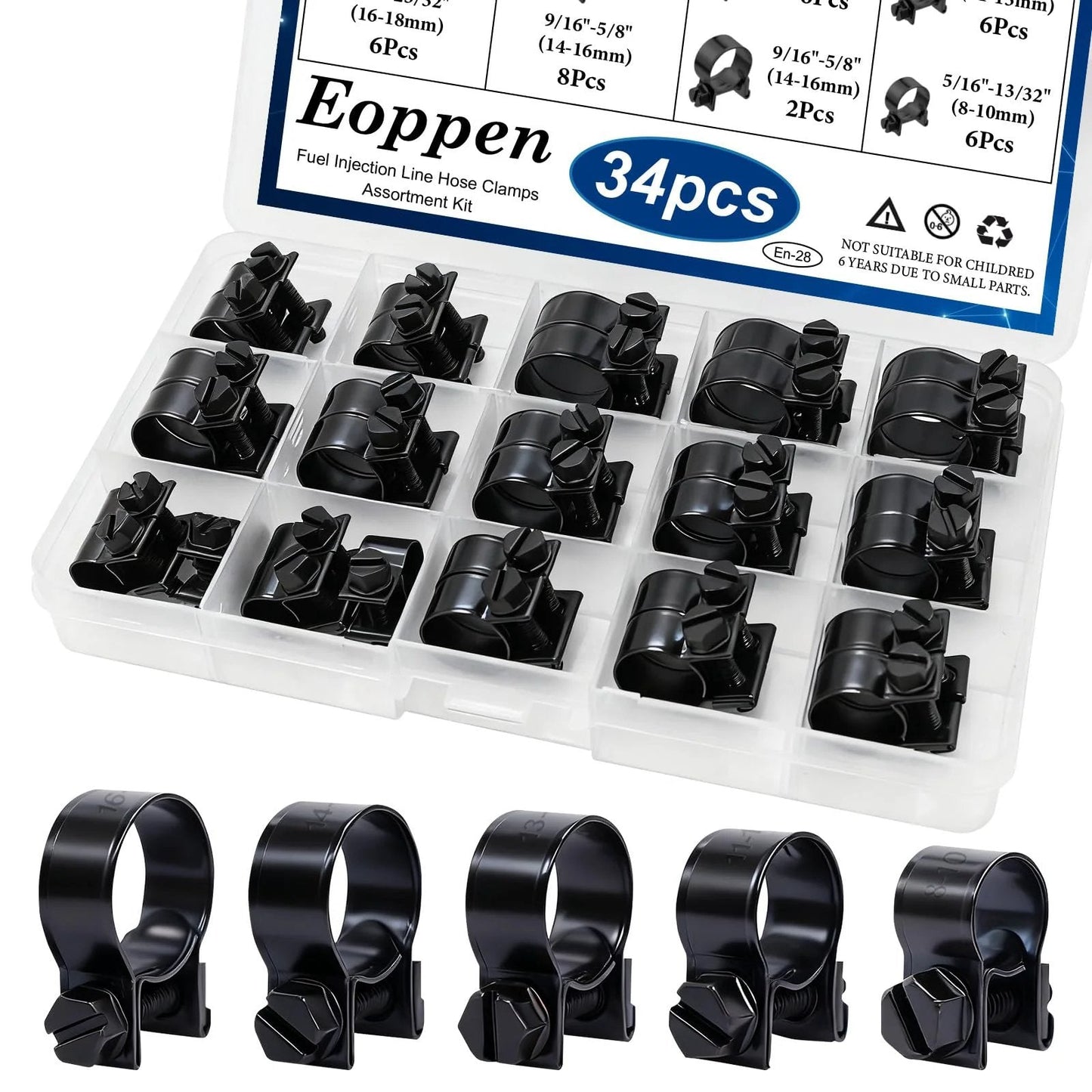34 Piece Fuel Line Clamp Set With Five Size Ranges From 8 To 18 Mm And 1/4 In To 23/32 In For Diesel And Petrol Engines Black Fuel Injection Hose Clamps In Sturdy Carry Box By Eoppen