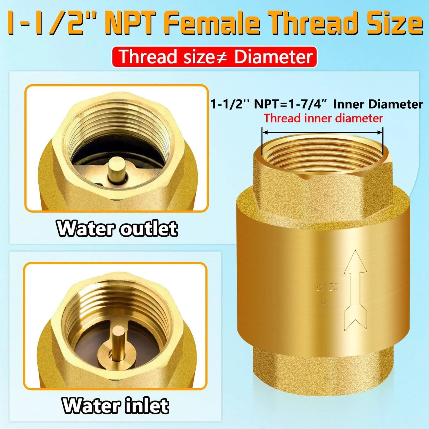 Solid Brass Spring Check Valve One And One Half Inch NPT Female Thread Non Return One Way Inline Water Valve for Well Pump Tank