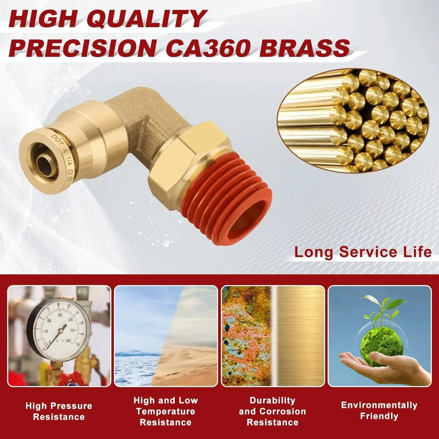 Brass Push To Connect 90 Deg Elbow Fittings 1/4 In OD To NPT DOT Approved 2 Pack showing product details and material quality