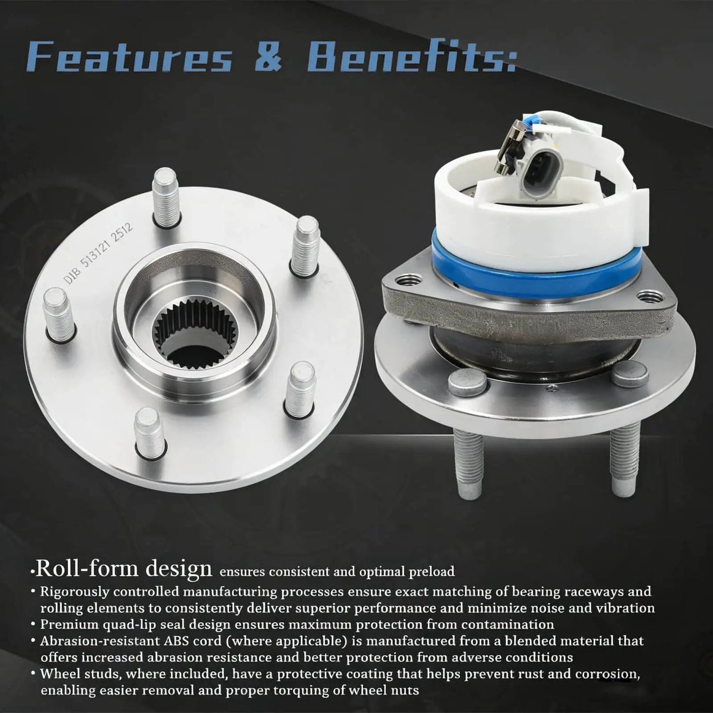 Single Front Wheel Hub Bearing Assembly, Fits Chevy Impala Monte Carlo Uplander Venture Buick Regal Century Lucerne Cadillac DeVille DTS Seville Pontiac Montana 5-Lug ABS OEM 513121 12429204 with ABS sensor features.