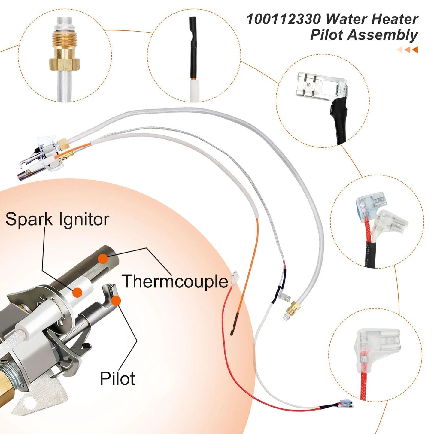 Upgrade 100112330 Water Heater Pilot Assembly For 300 And 301 Series Whirlpool And A O Smith Water Heaters Includes 9007876 Thermopile Replacement Compatible With Reliance American State Kenmore showing connectors and wiring details