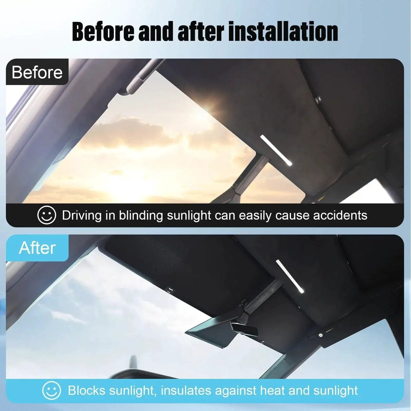 Before and after installation of Cybertruck Roof Sunshade Kit Nano Reflective Heat Insulation UV Protection 2Pcs blocking sunlight.