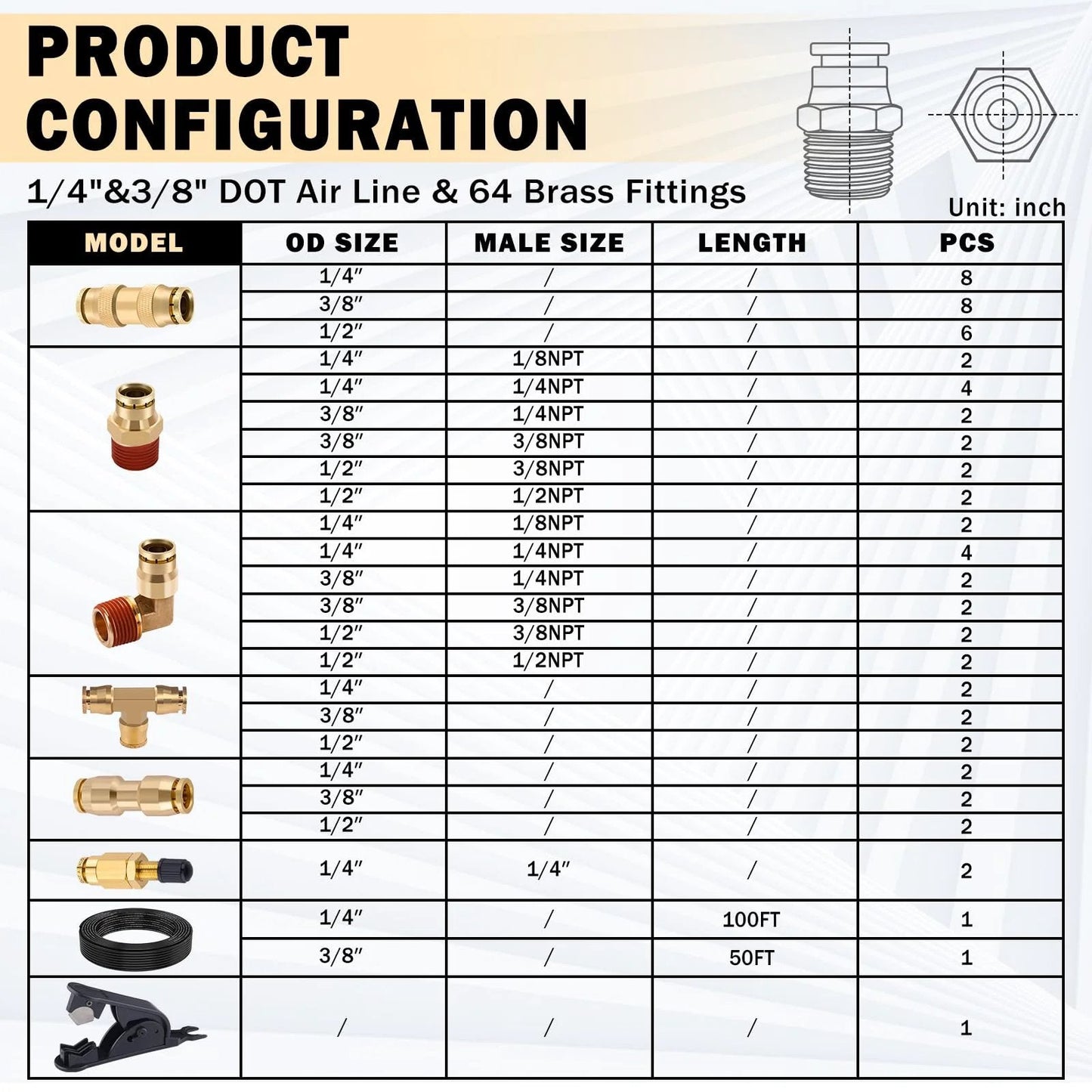 Product configuration chart for Brass DOT Air Line Fittings Kit CheeMuii, showing sizes of fittings and lengths of tubing.