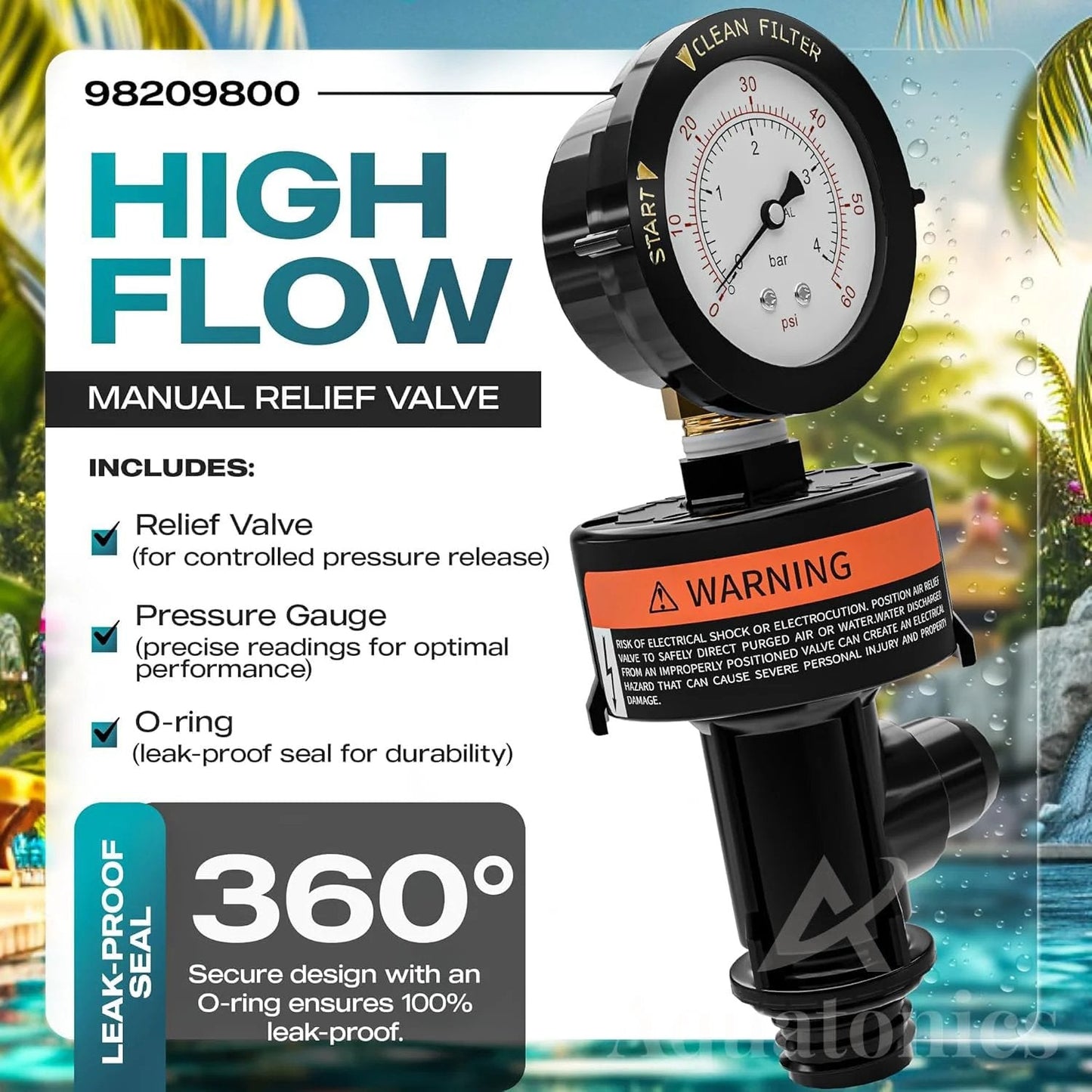 Air Relief Valve Kit With Pressure Gauge For Pentair SMBW 2000 4000 Series FNS Filters High Flow 98209803 Replacement