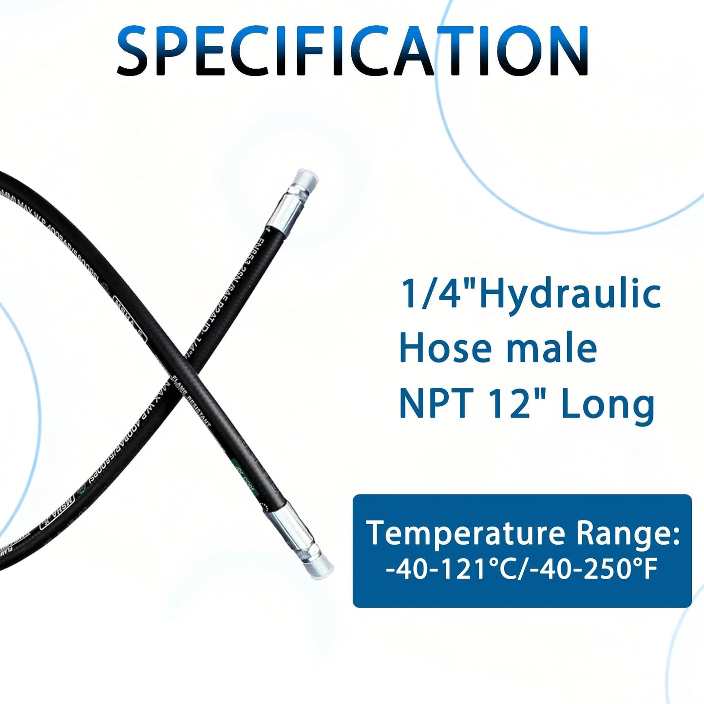 One Quarter Inch Hydraulic Hose Assembly With Male NPT Ends, 5800 PSI Rating, 12 Inch Length, Black, Rugged All Weather Outer Layer, Oil Resistant Inner Tube, Heavy Duty Hydraulic Hose For Tough Projects