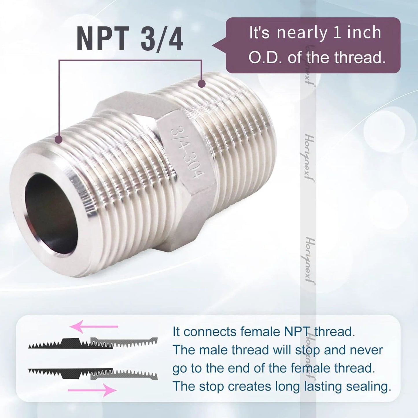 Stainless Steel 304 NPT Three Quarter Inch Hex Pipe Fitting, Heavy Duty 3000 PSI, One Inch Outer Diameter Male Thread Cast Adapter, Connects Gas Hose Air Line Water Pipe PVC Copper Shower Valve, 2 Pack, front view